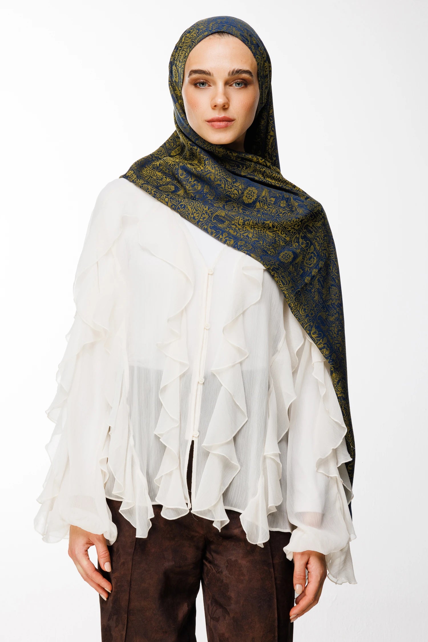 Henna Pattern Double-Sided Scarf - Navy Blue-Olive Green