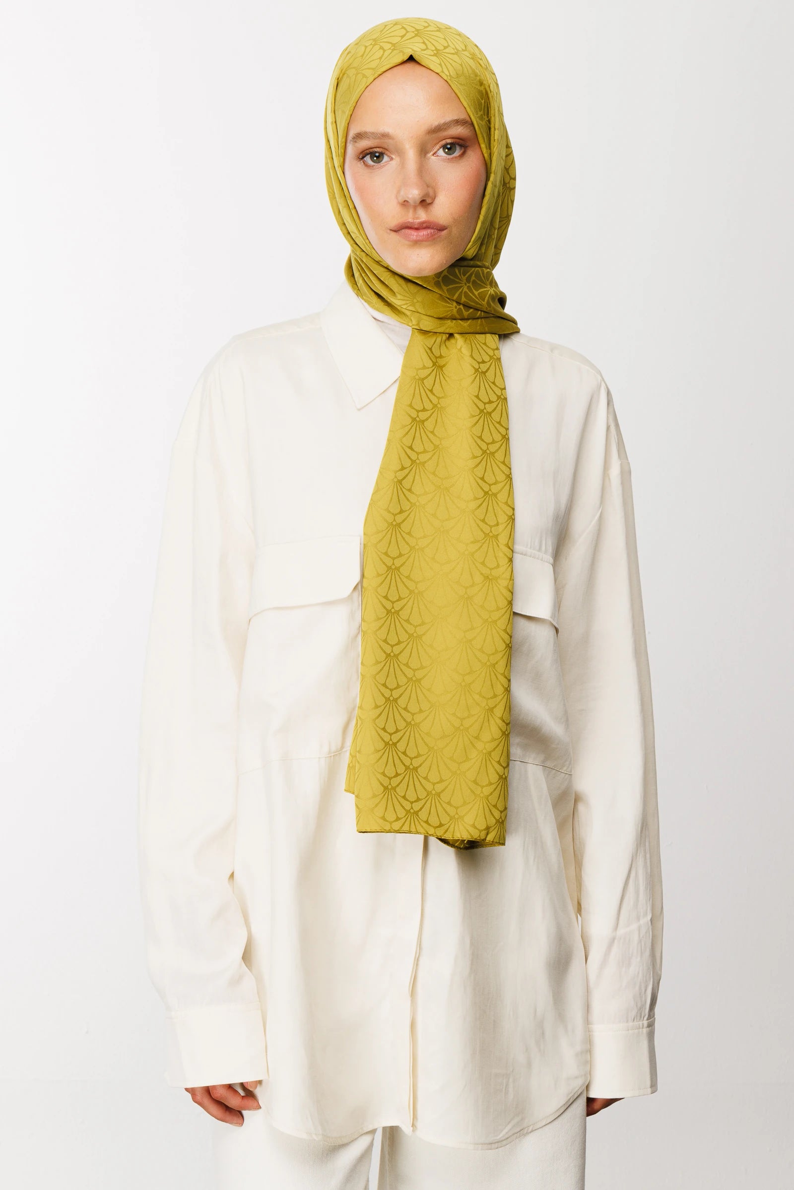 Lotus Pattern Silky Jacquard Scarf - Olive Green