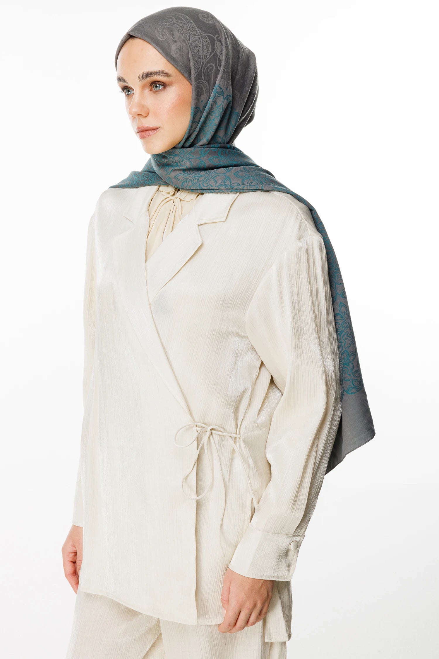 Nora Pattern Double-Sided Scarf - Dark Grey-Emerald