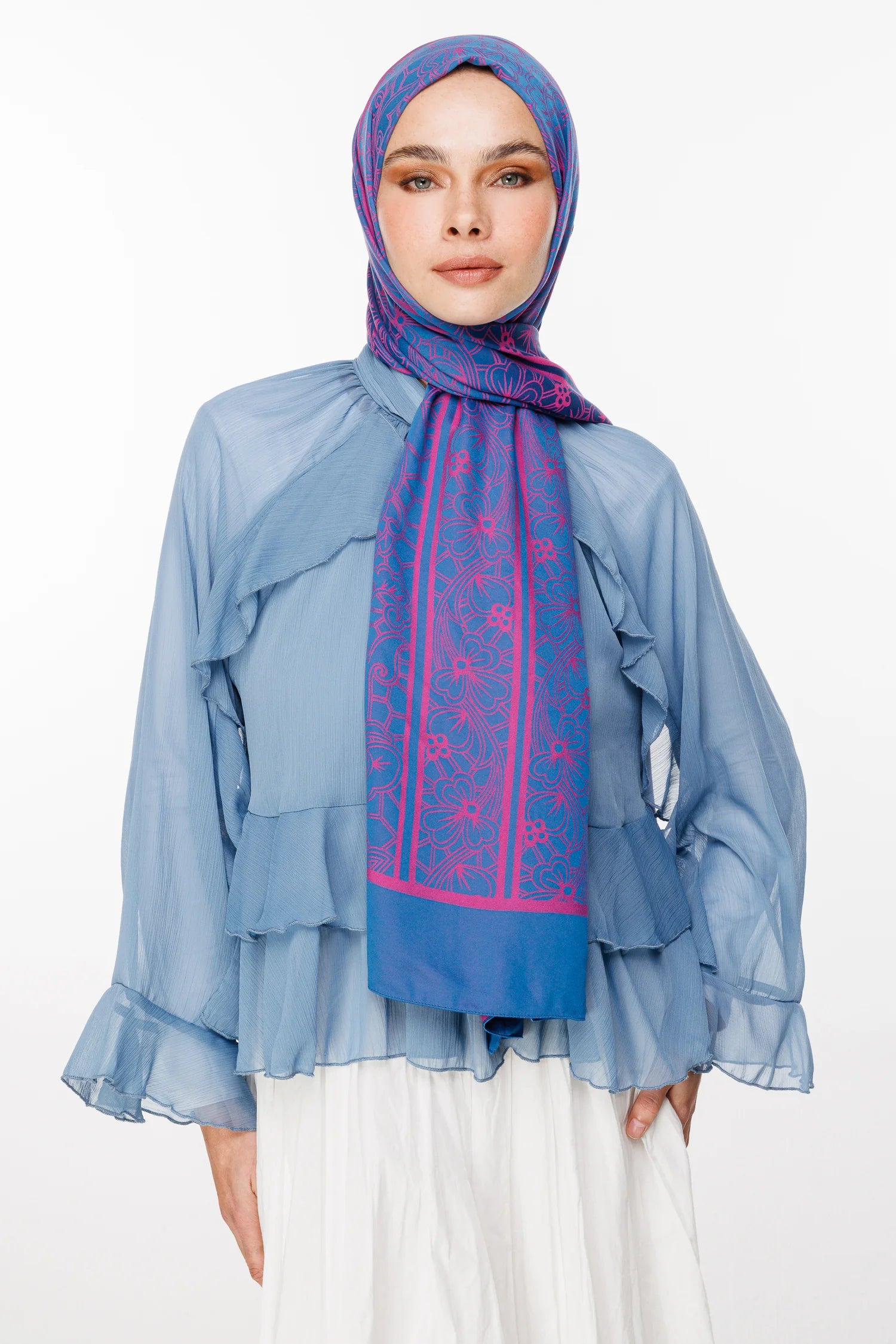 Lavin Pattern Double-Sided Scarf - Petrol Blue-Fuchsia