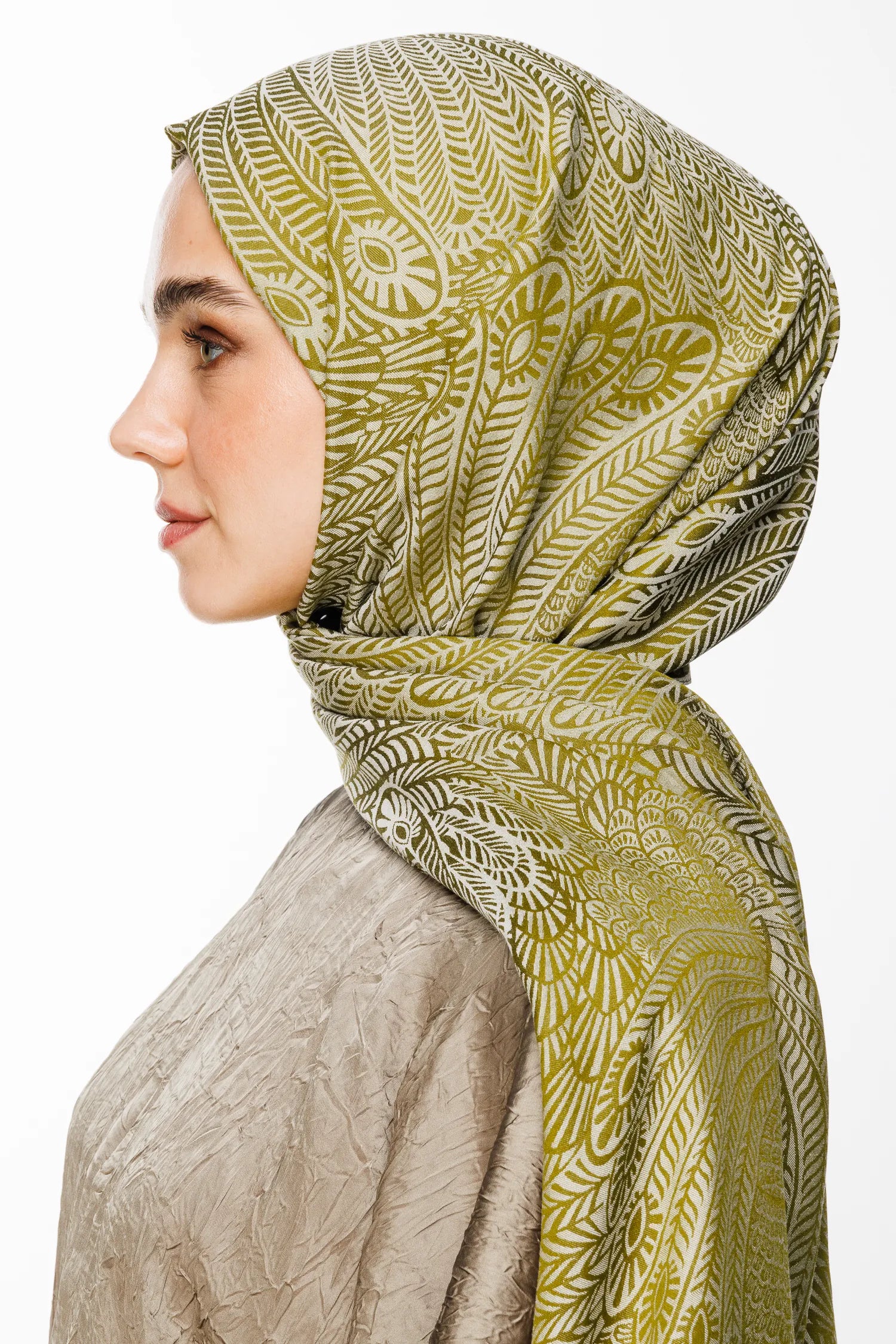 Mayra Pattern Double-Sided Scarf - Olive Green-Ecru