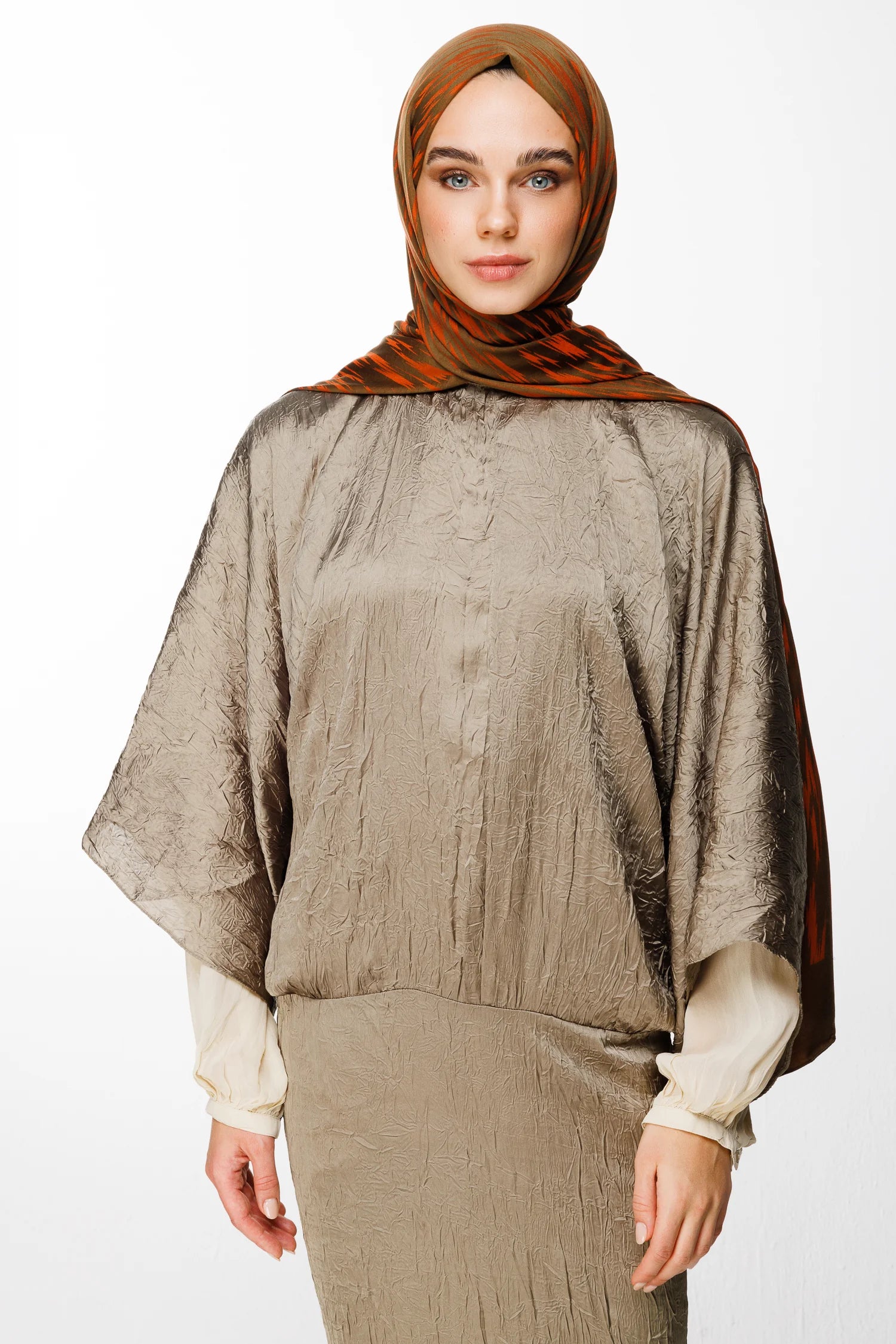 Selis Pattern Double-Sided Scarf - Dark Khaki-Cinnamon