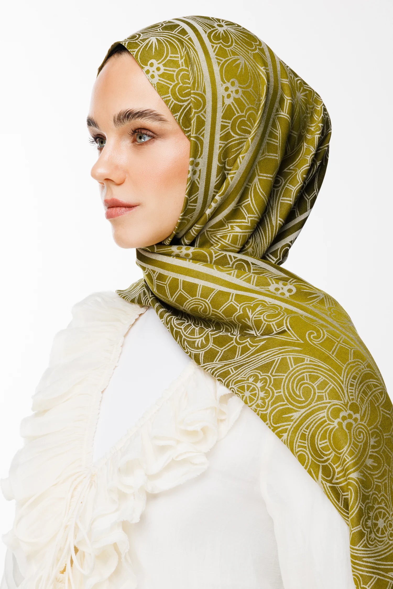 Lavin Pattern Double-Sided Scarf - Olive Green-Ecru