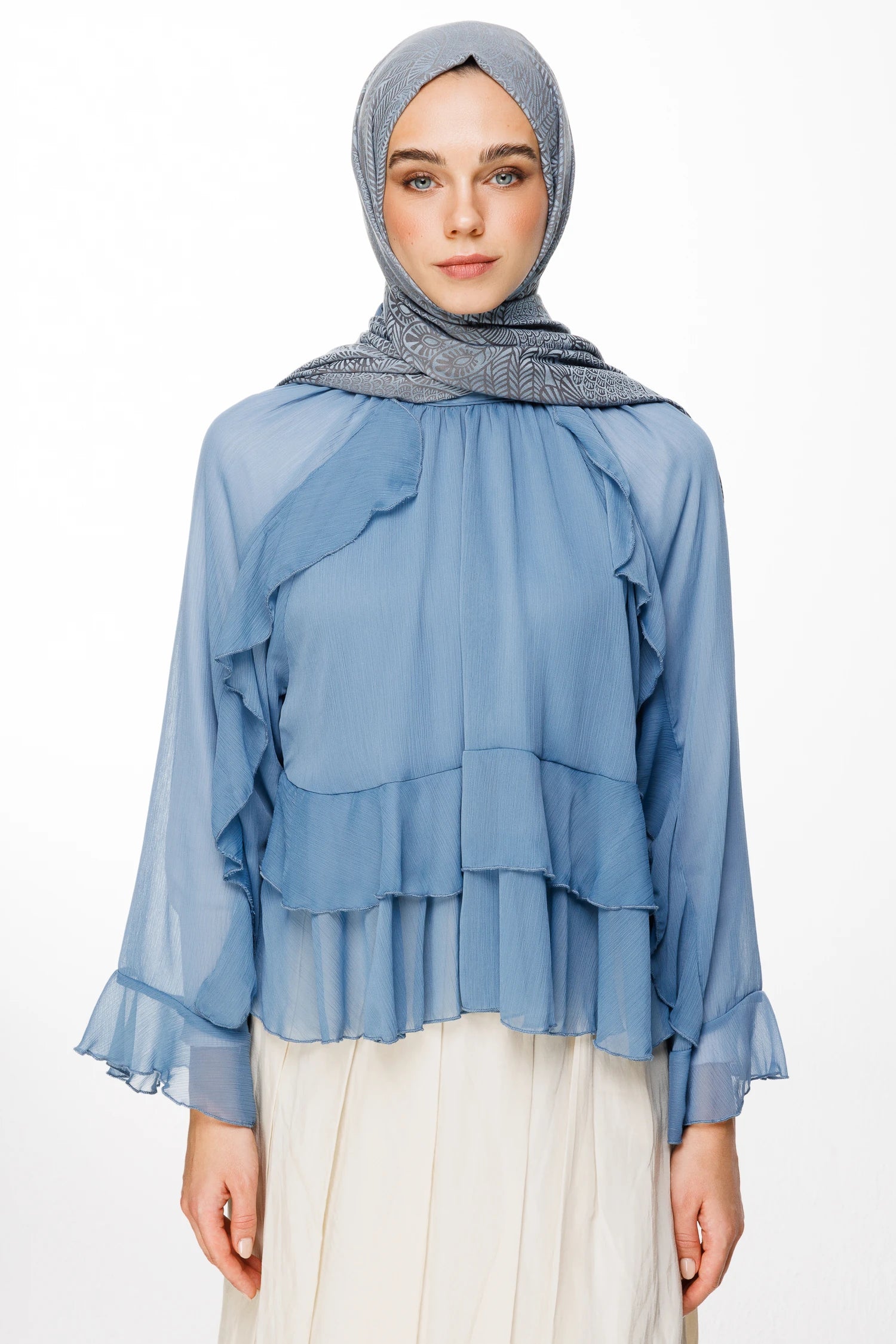 Mayra Pattern Double-Sided Scarf - Dark Gray-Light Blue
