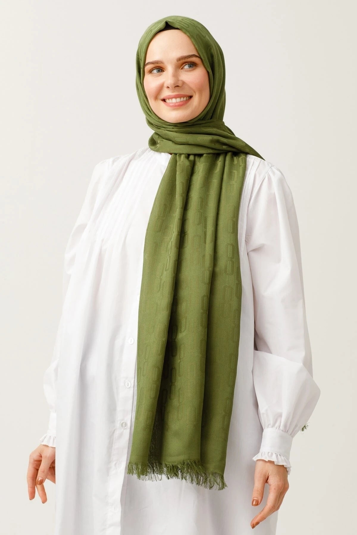 Chain Pattern Cotton Jacquard Scarf - Khaki