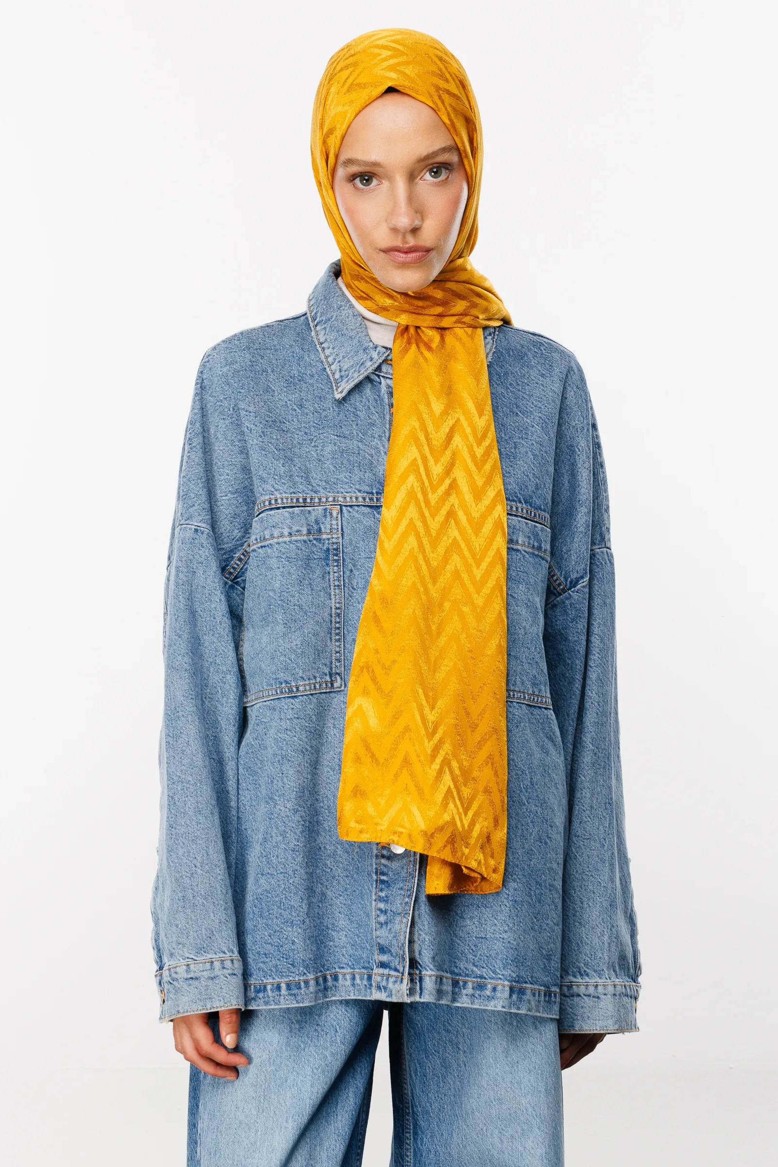Zigzag Pattern Shiny Jacquard Scarf - Saffron