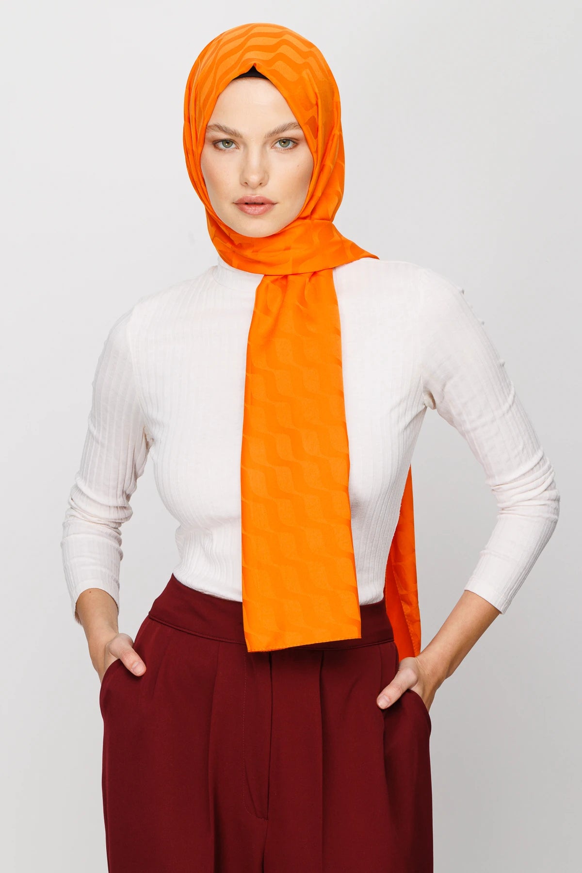 Wave Pattern Silky Jacquard Scarf - Orange