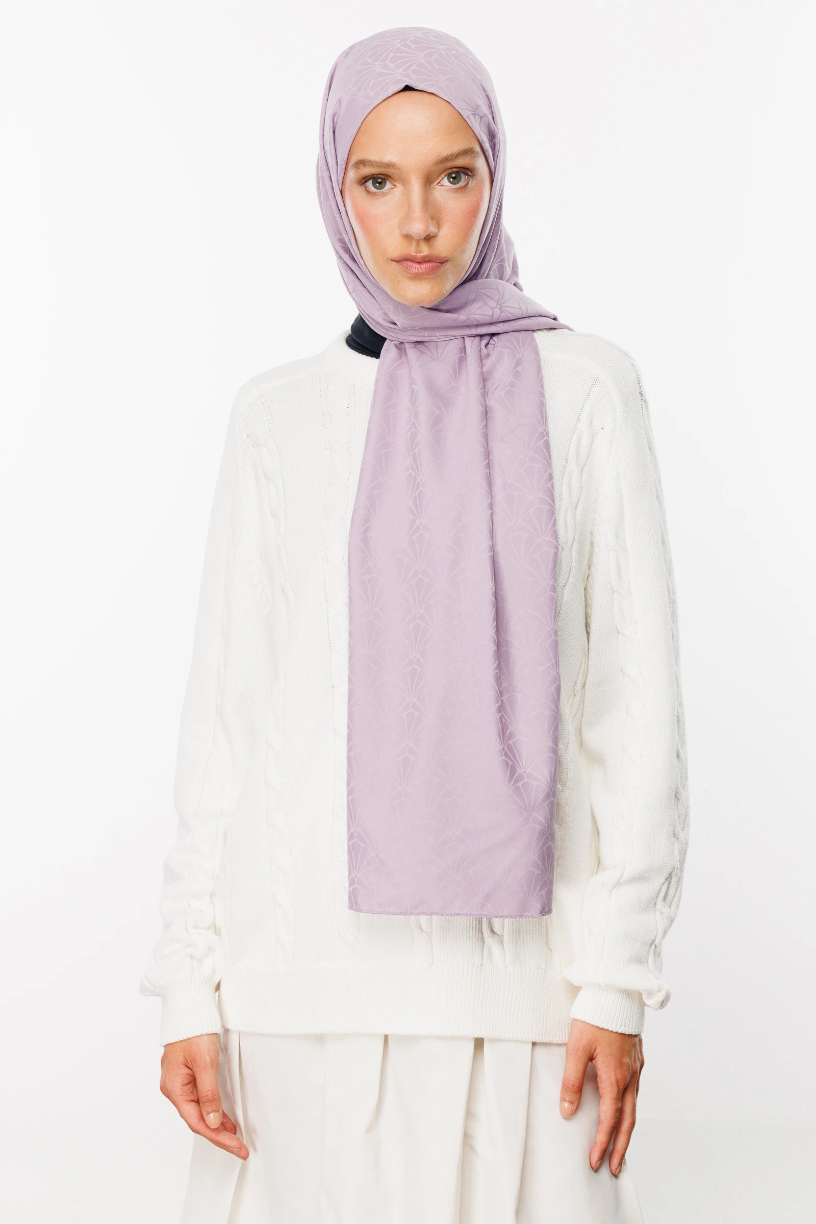 Lotus Pattern Silky Jacquard Scarf - Lilac
