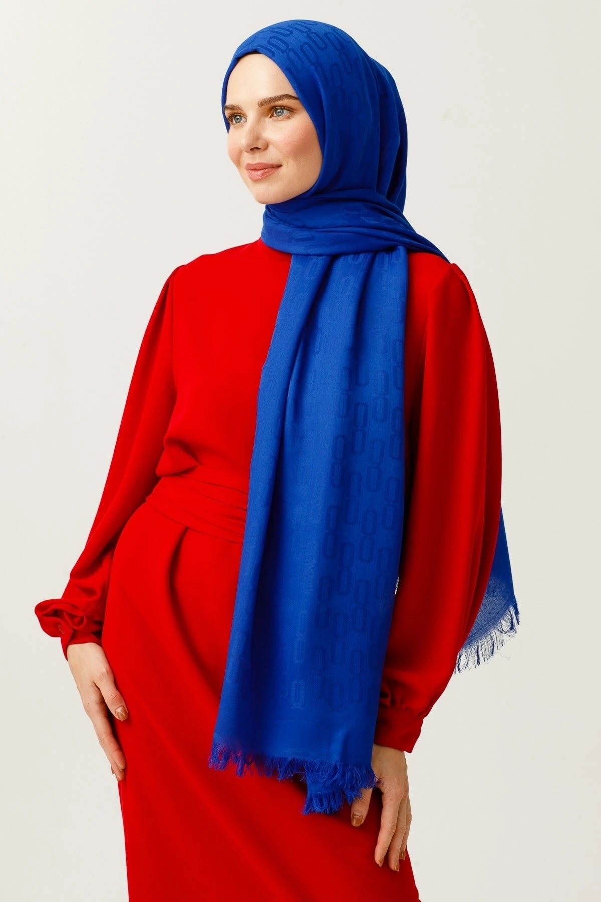 Chain Pattern Cotton Jacquard Scarf - Saks Blue