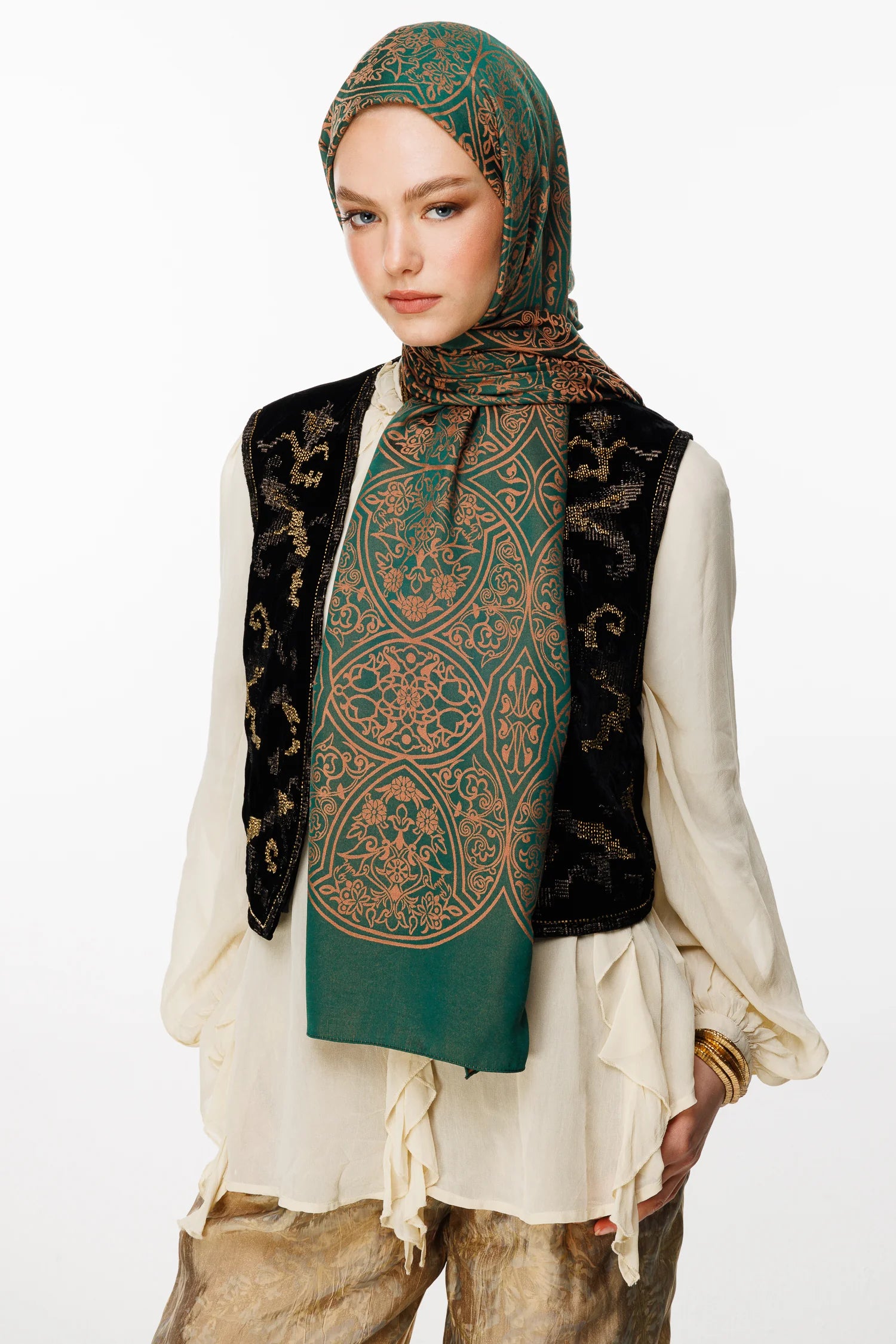 Morocco Pattern Double-Sided Scarf - Emerald-Apricot