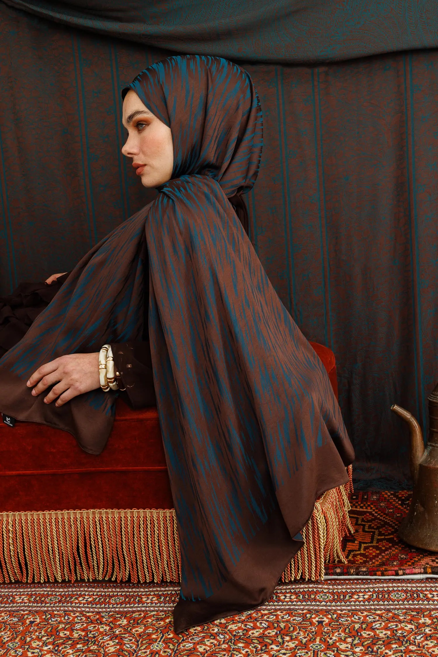 Selis Pattern Double-Sided Scarf - Bitter Coffee-Petrol Blue