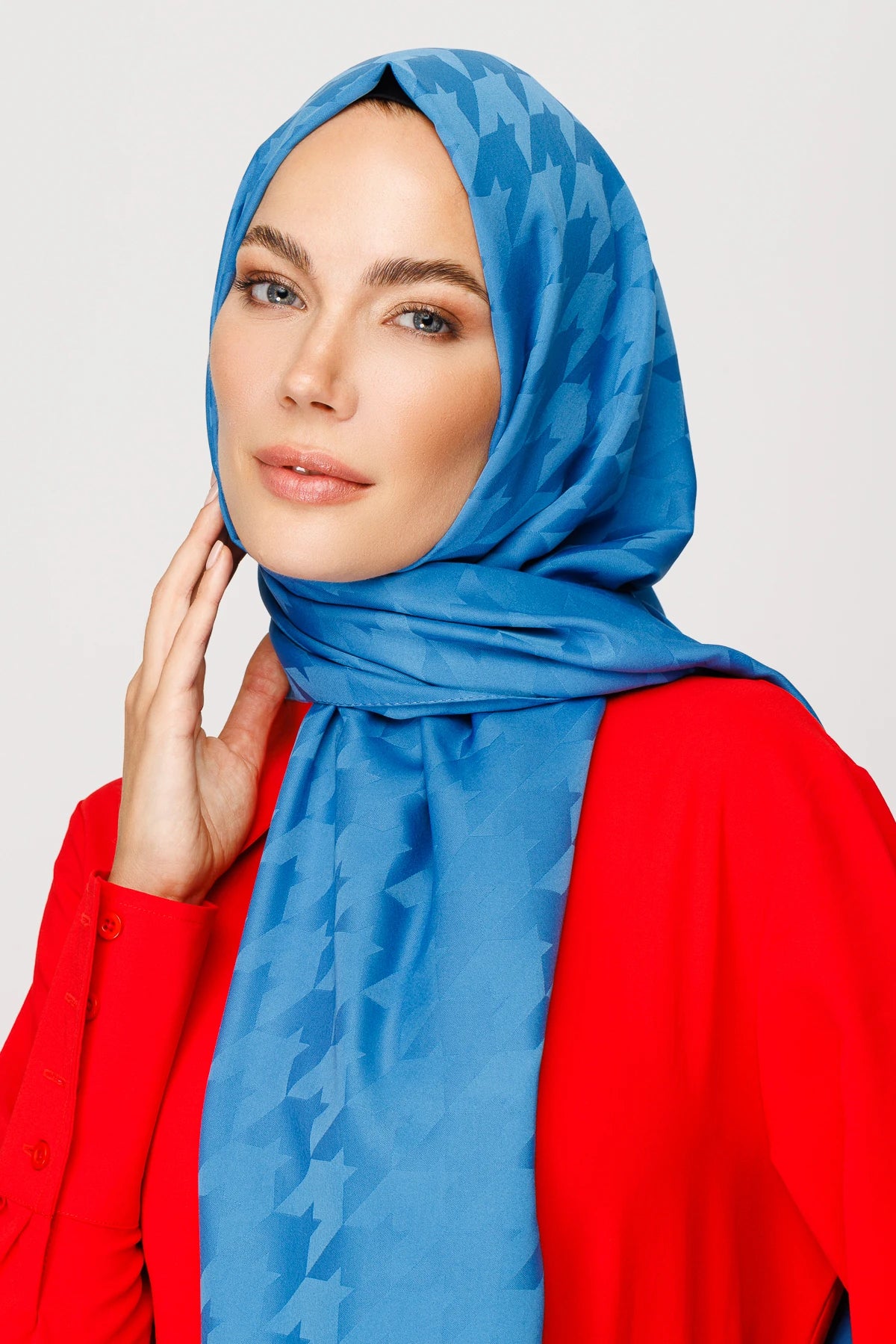 Houndstooth Pattern Silky Jacquard Shawl - Blue