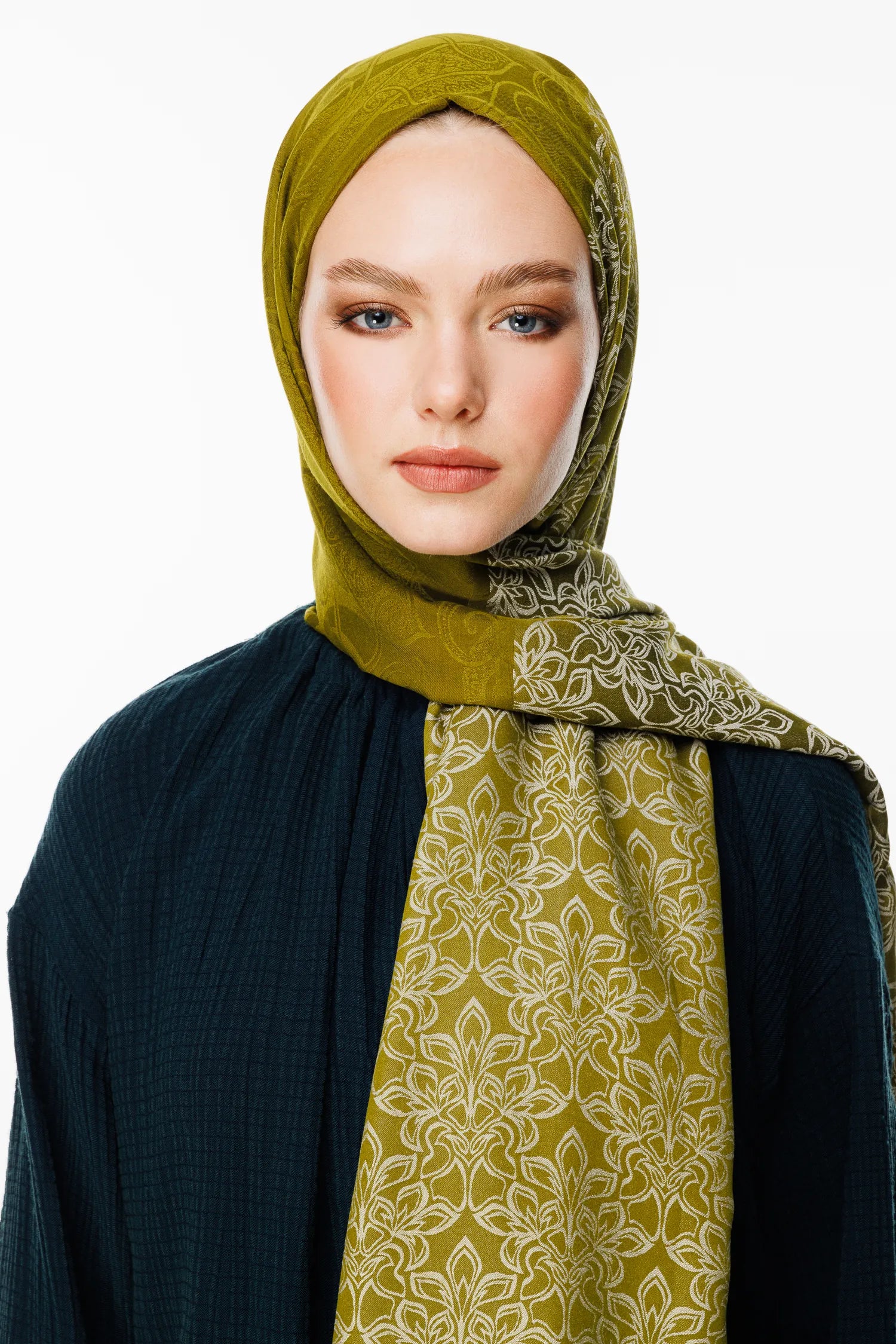 Nora Pattern Double-Sided Scarf - Olive Green-Ecru