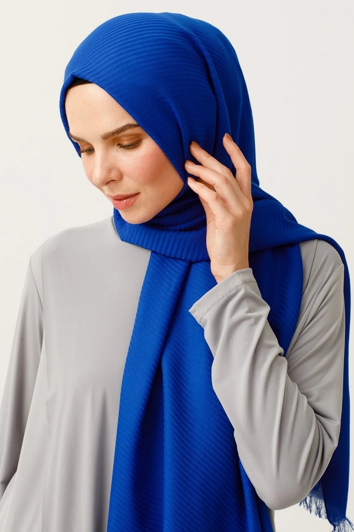 Striped Pattern Cotton Jacquard Scarf - Saks Blue