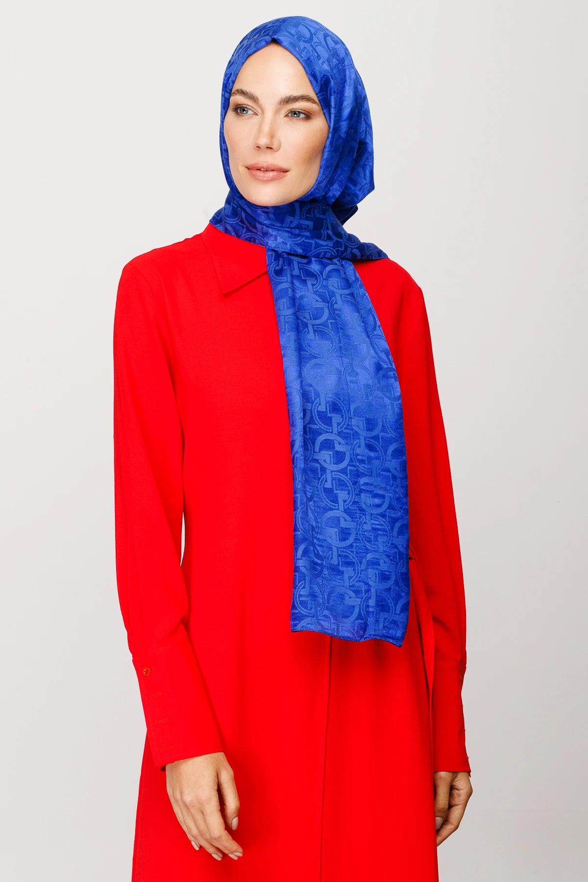Longar Pattern Shiny Jacquard Scarf - Saks Blue
