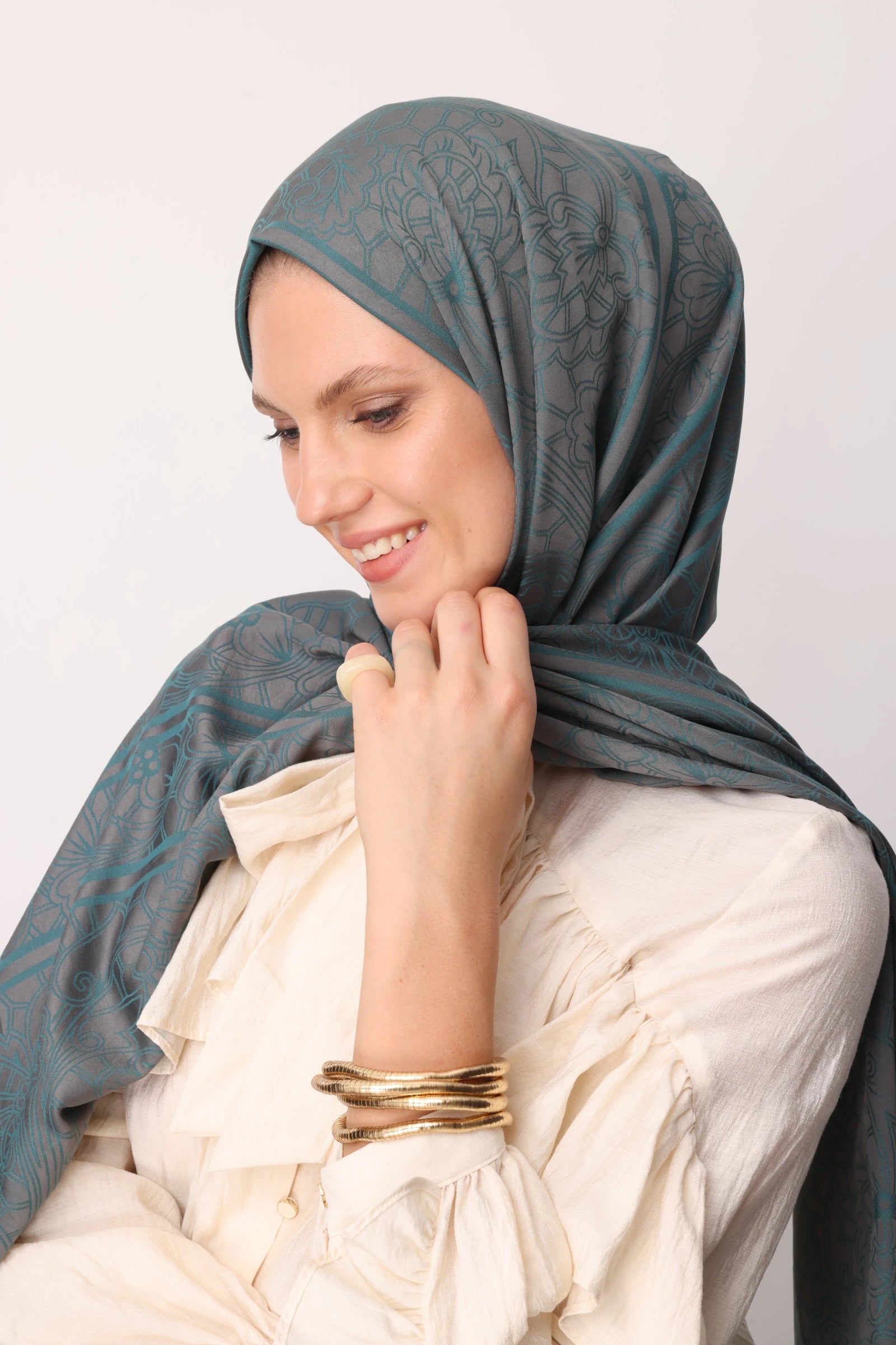 Lavin Pattern Double-Sided Scarf - Dark Grey-Emerald