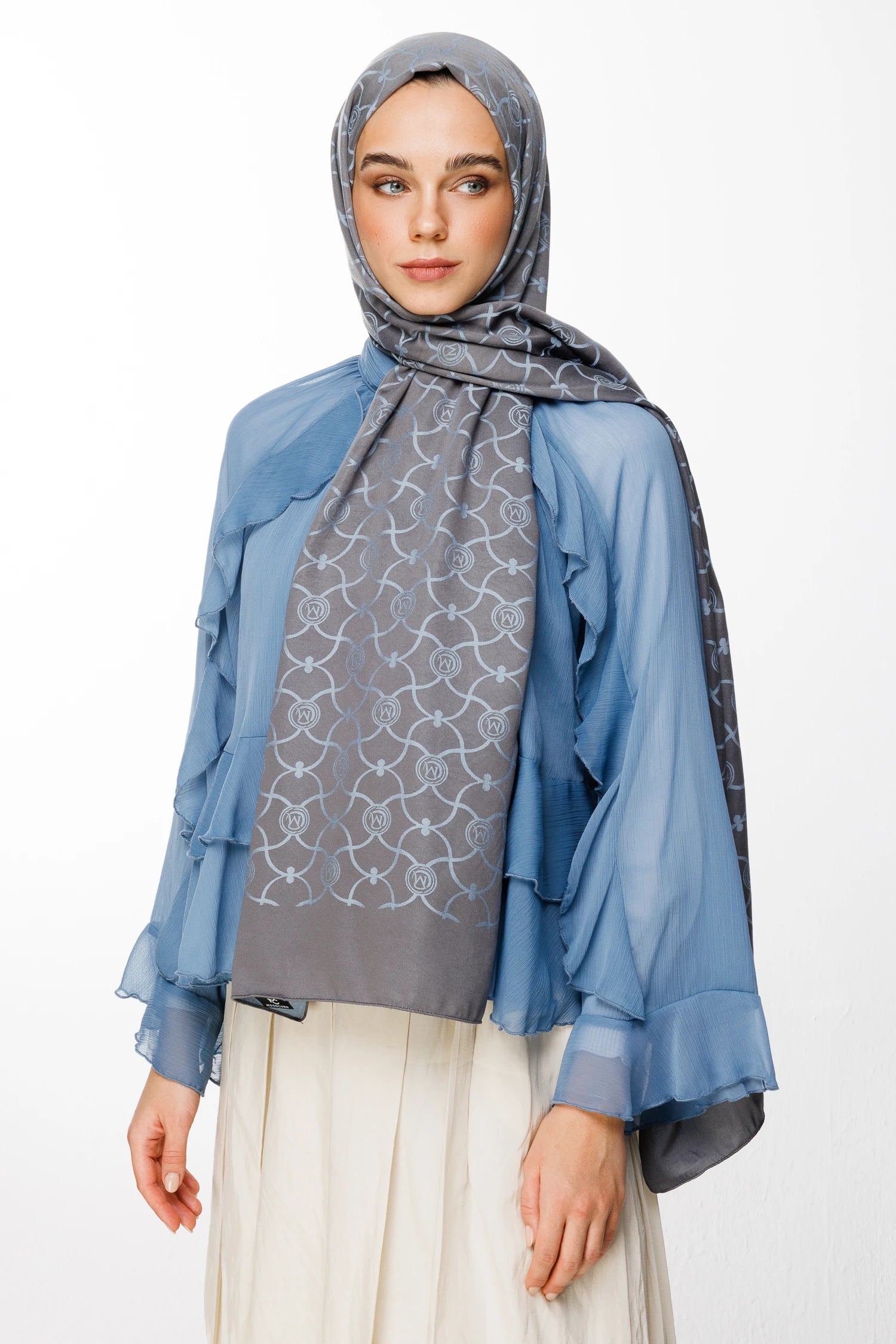 Marrakech Pattern Double-Sided Scarf - Dark Gray-Light Blue