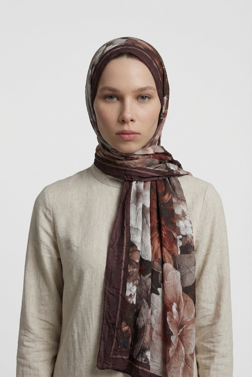 Blossom Pattern Neo Crash Shawl - Brown