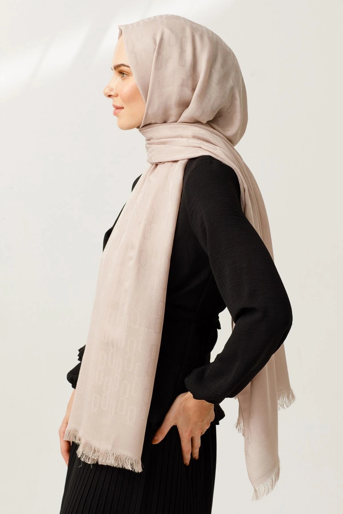 Chain Pattern Cotton Jacquard Scarf - Cream