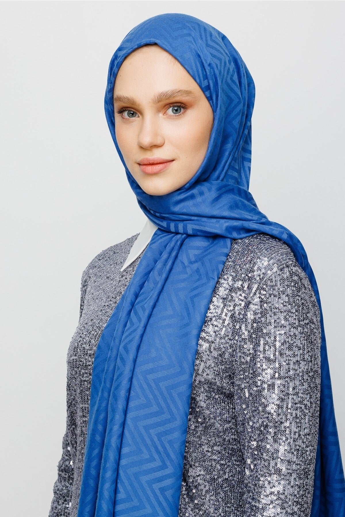 Zigzag Pattern Cotton Jacquard Shawl - Blue