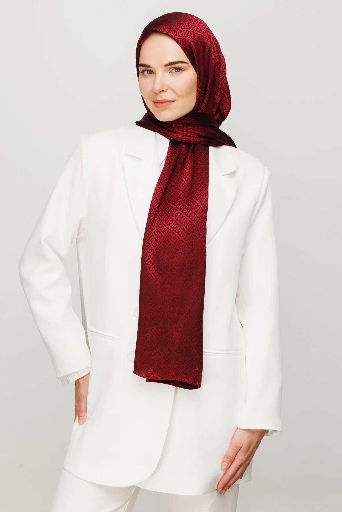 Forever Pattern Shiny Jacquard Scarf - Burgundy