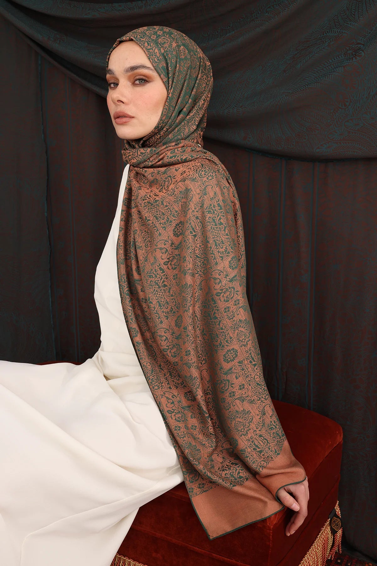 Henna Pattern Double-Sided Scarf - Emerald-Apricot