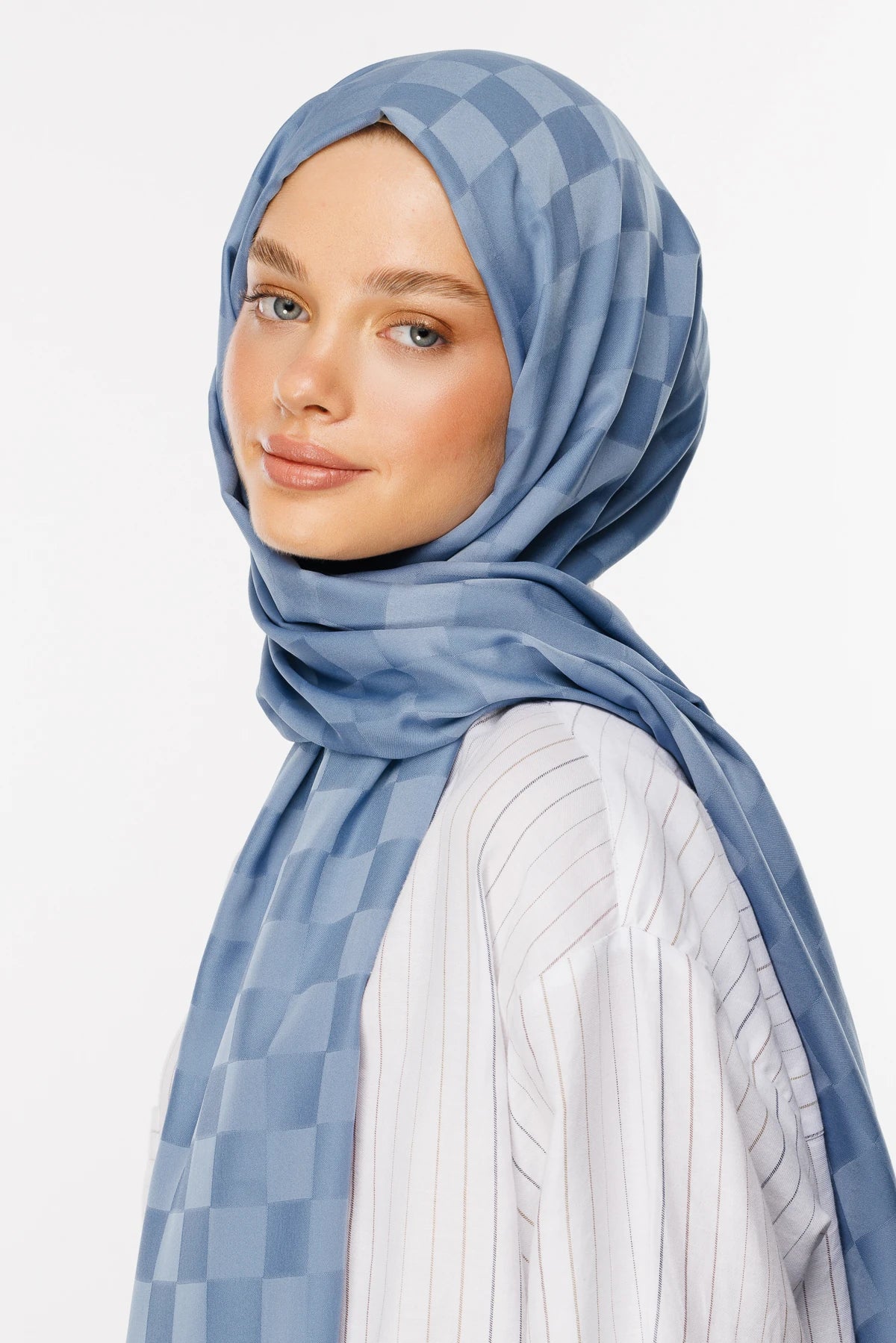 Checkerboard Pattern Silky Jacquard Shawl - Sky Blue