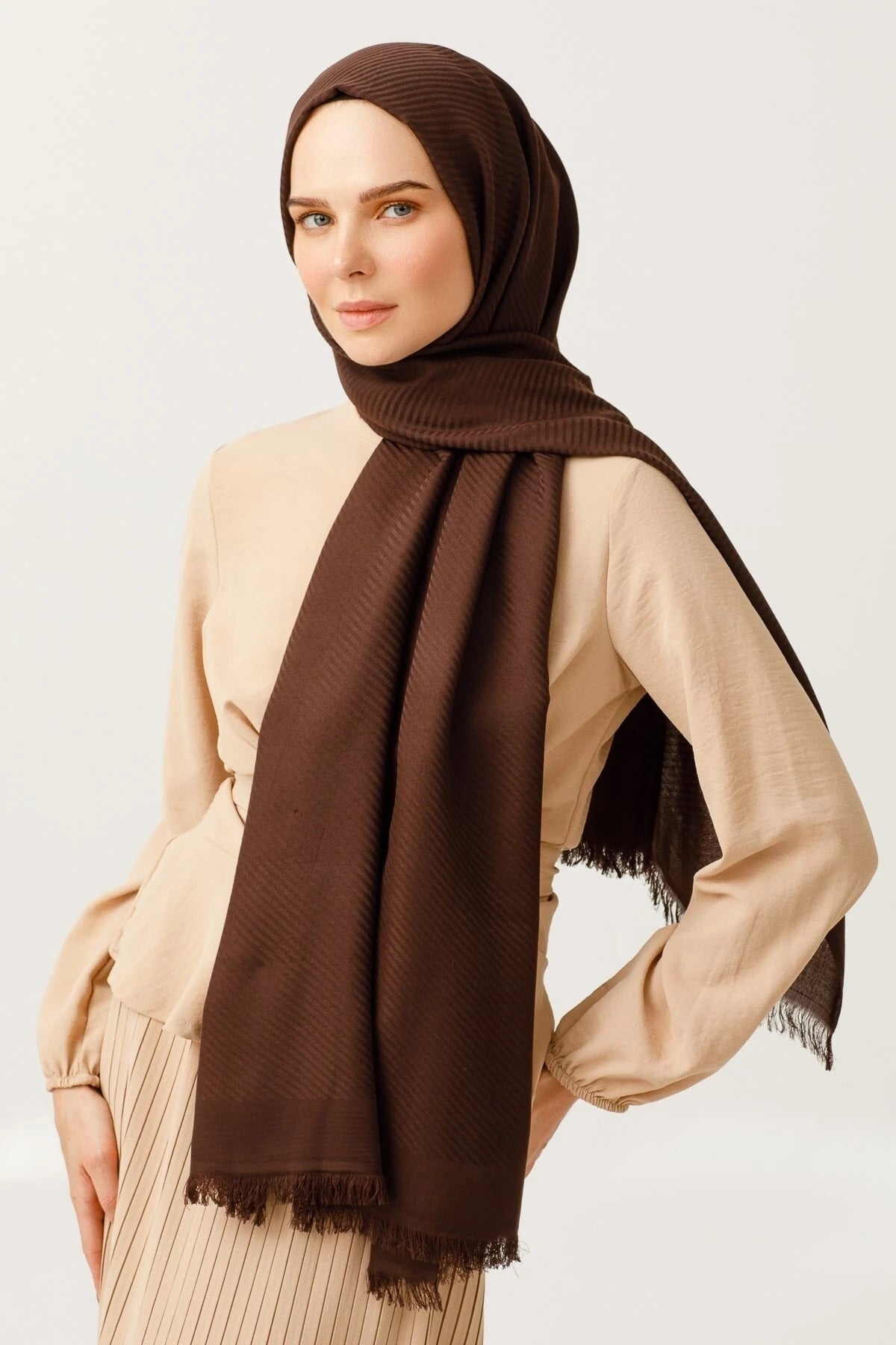Striped Pattern Cotton Jacquard Scarf - Bitter Coffee