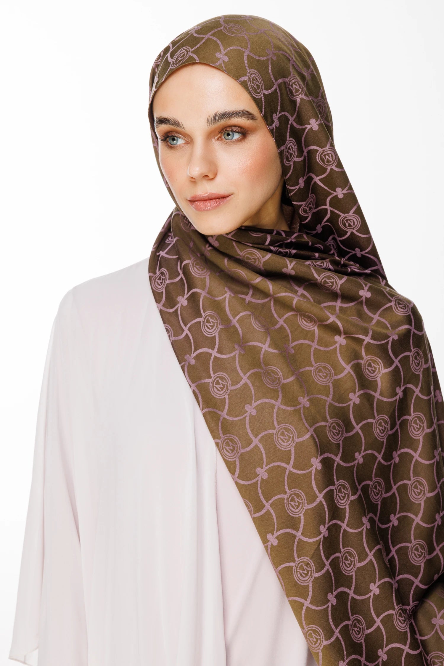 Marrakech Pattern Double-Sided Scarf - Dark Khaki - Dark Rose