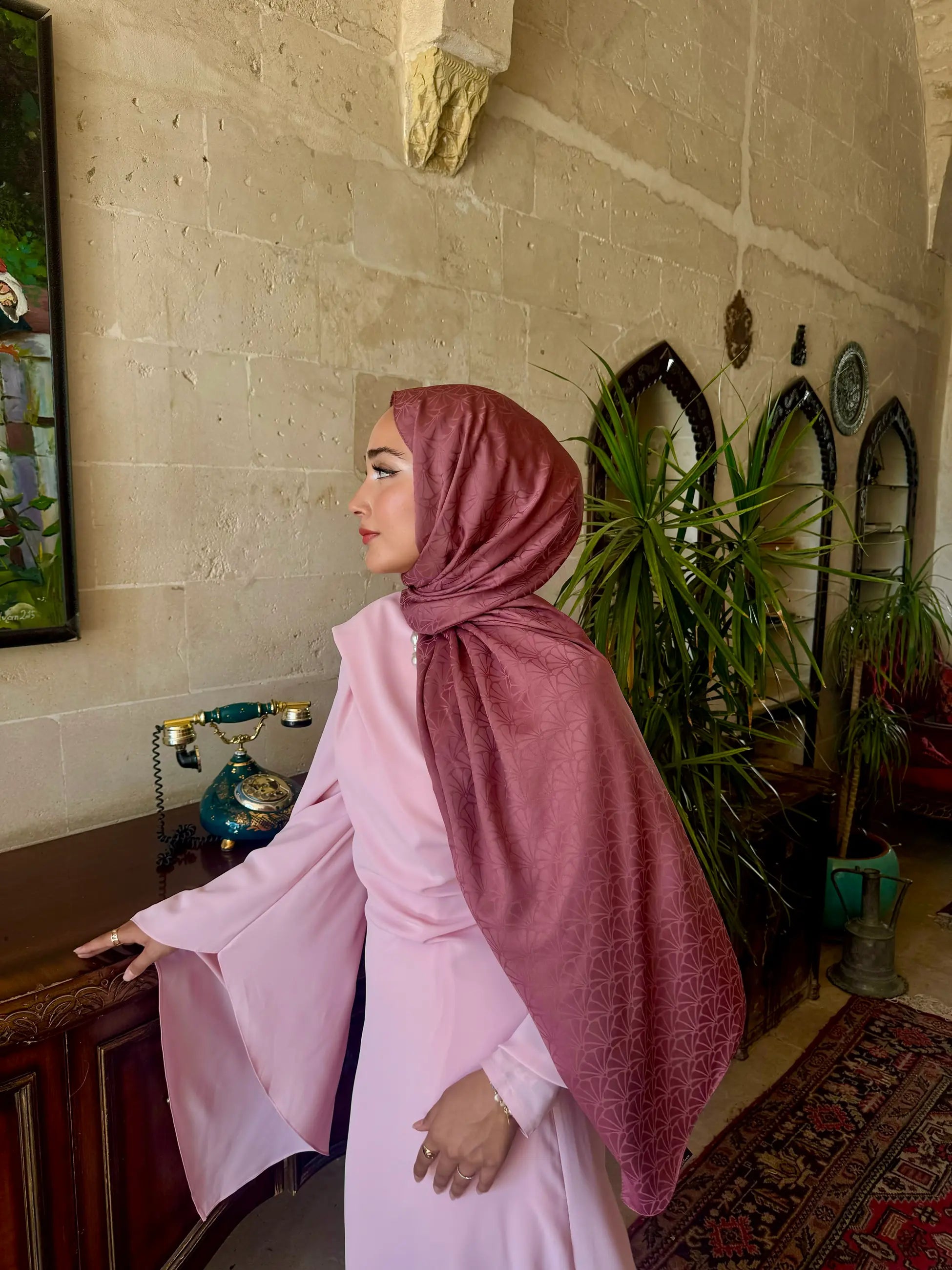 Lotus Pattern Silky Jacquard Scarf - Dried Rose