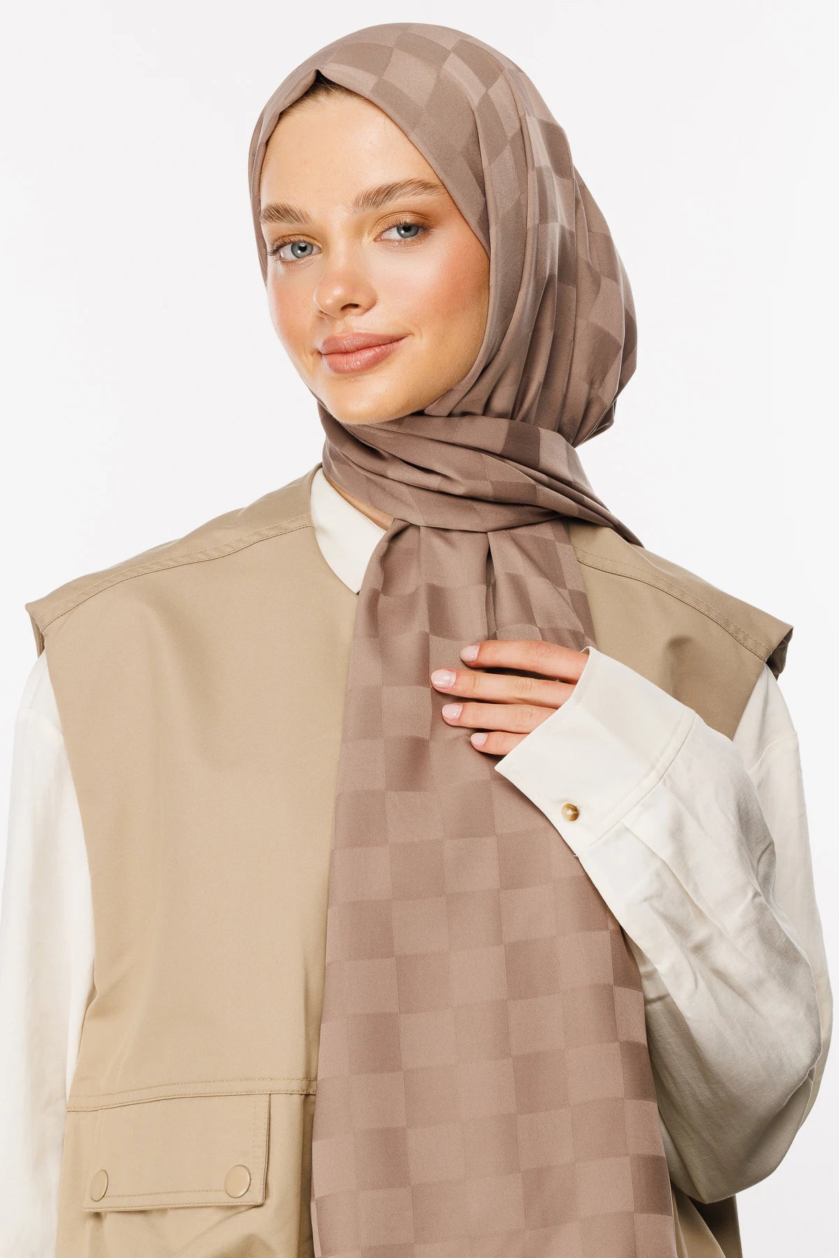 Checkerboard Pattern Silky Jacquard Shawl - Canyon