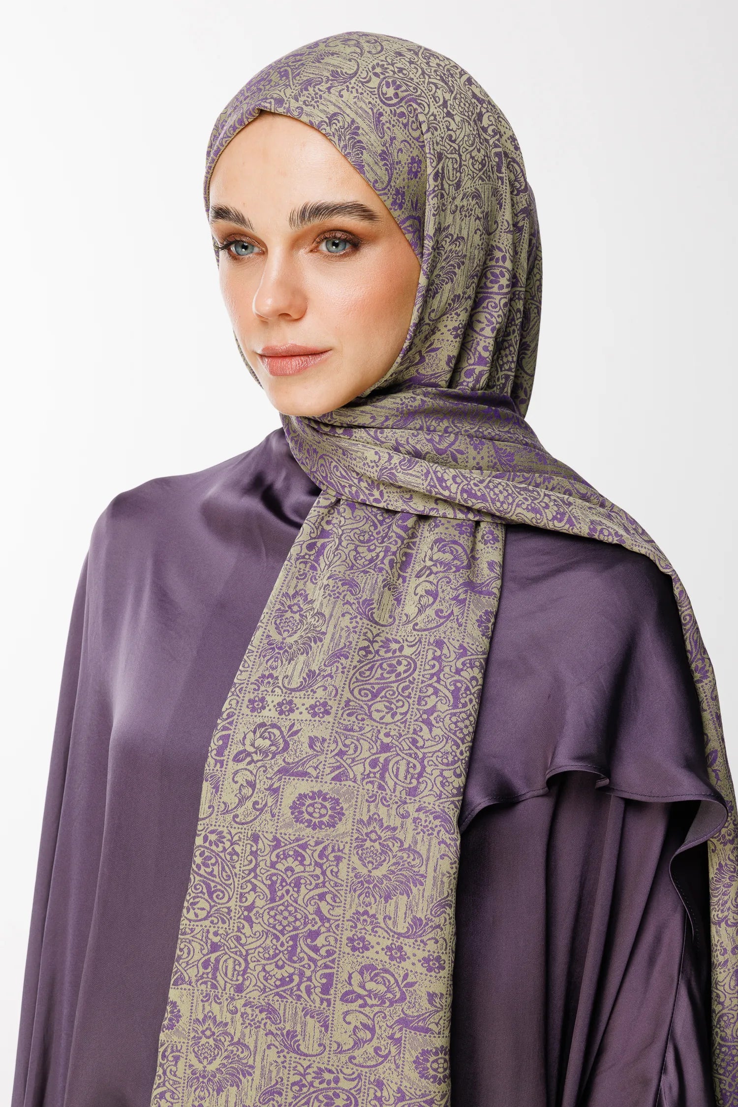 Henna Pattern Double-Sided Scarf - Olive-Purple