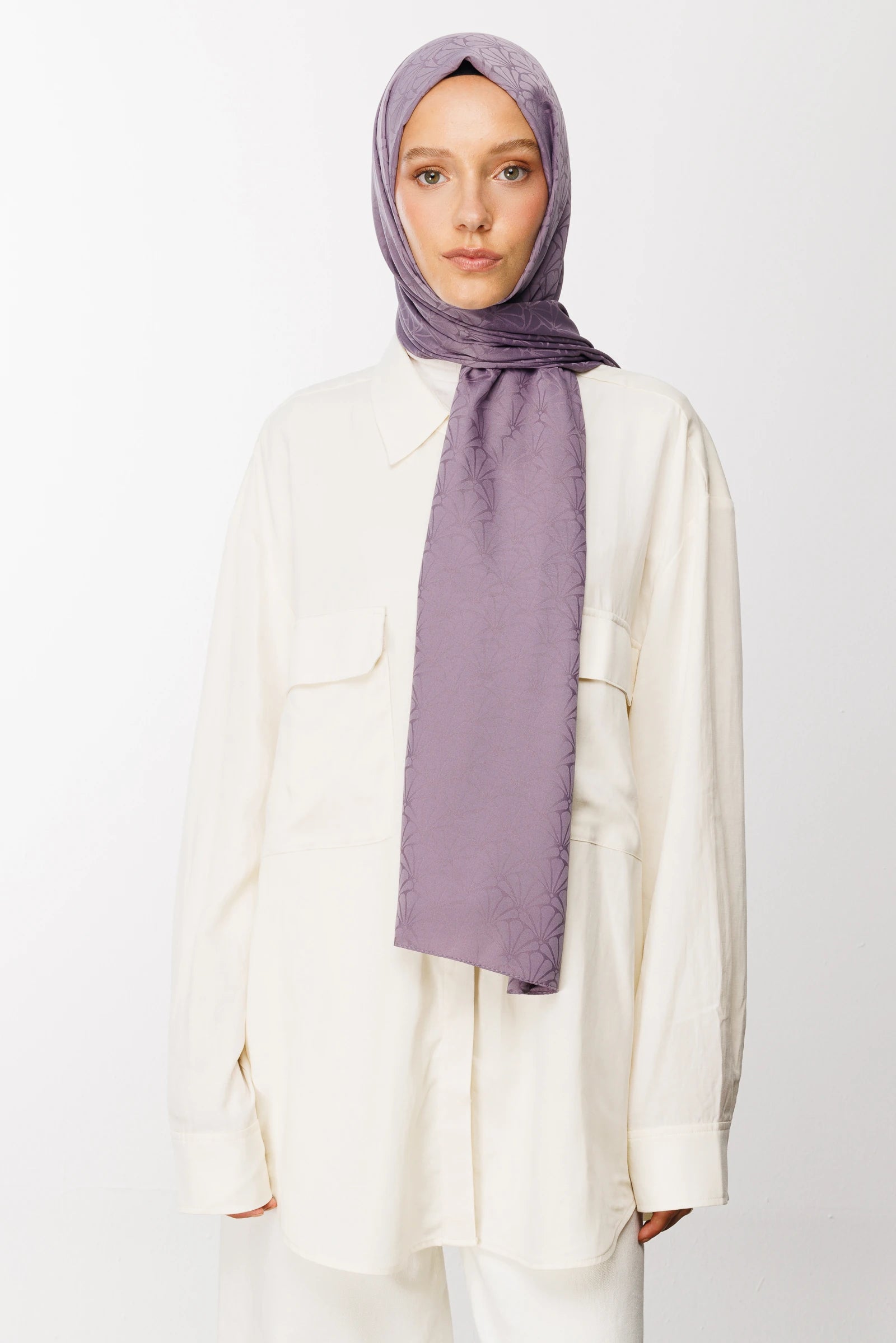 Lotus Pattern Silky Jacquard Scarf - Lavender