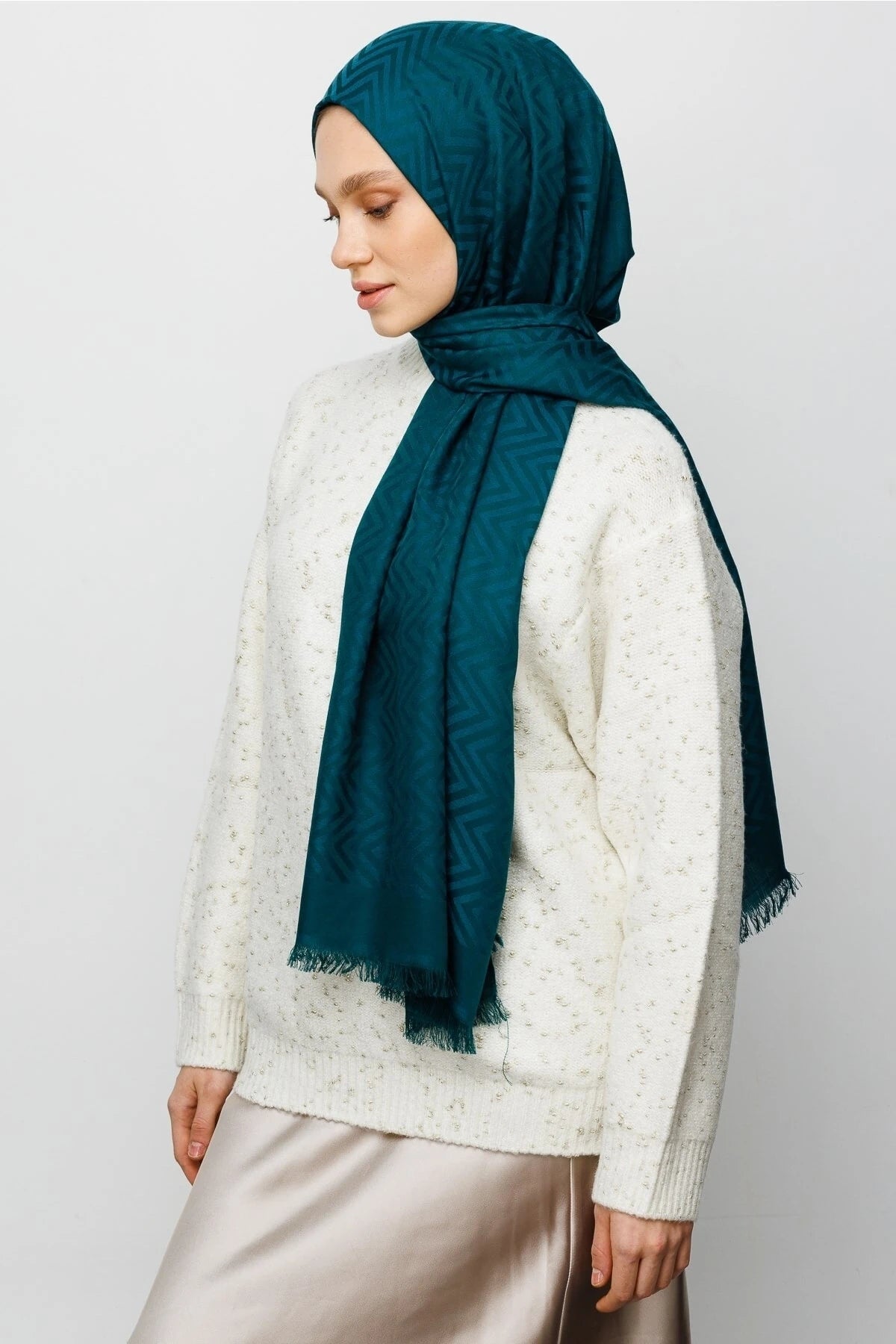 Zigzag Pattern Cotton Jacquard Shawl - Emerald