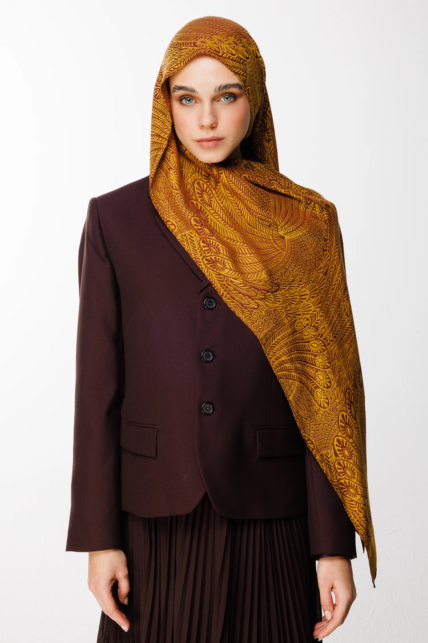 Mayra Pattern Double-Sided Scarf - Plum-Yellow