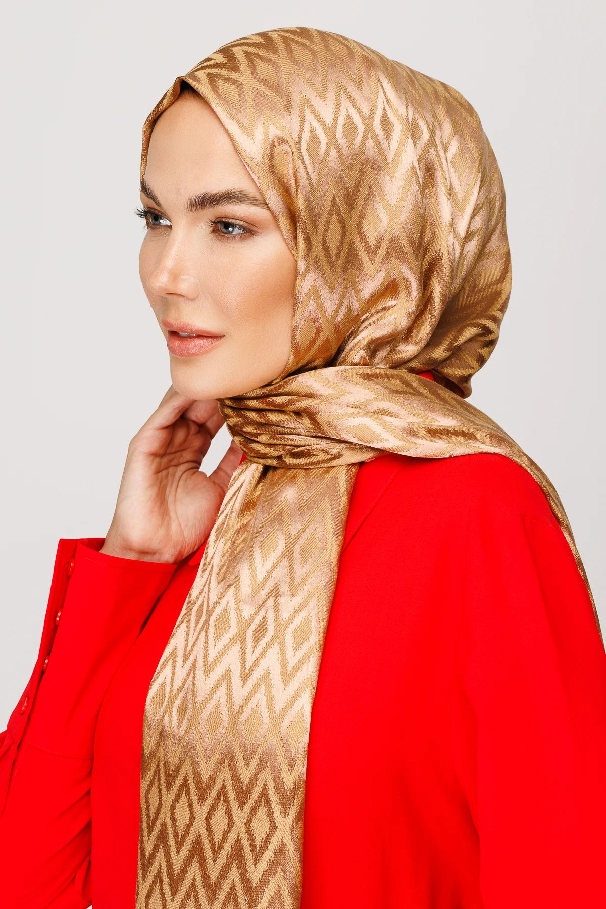 Tile Pattern Shiny Jacquard Shawl - Biscuit