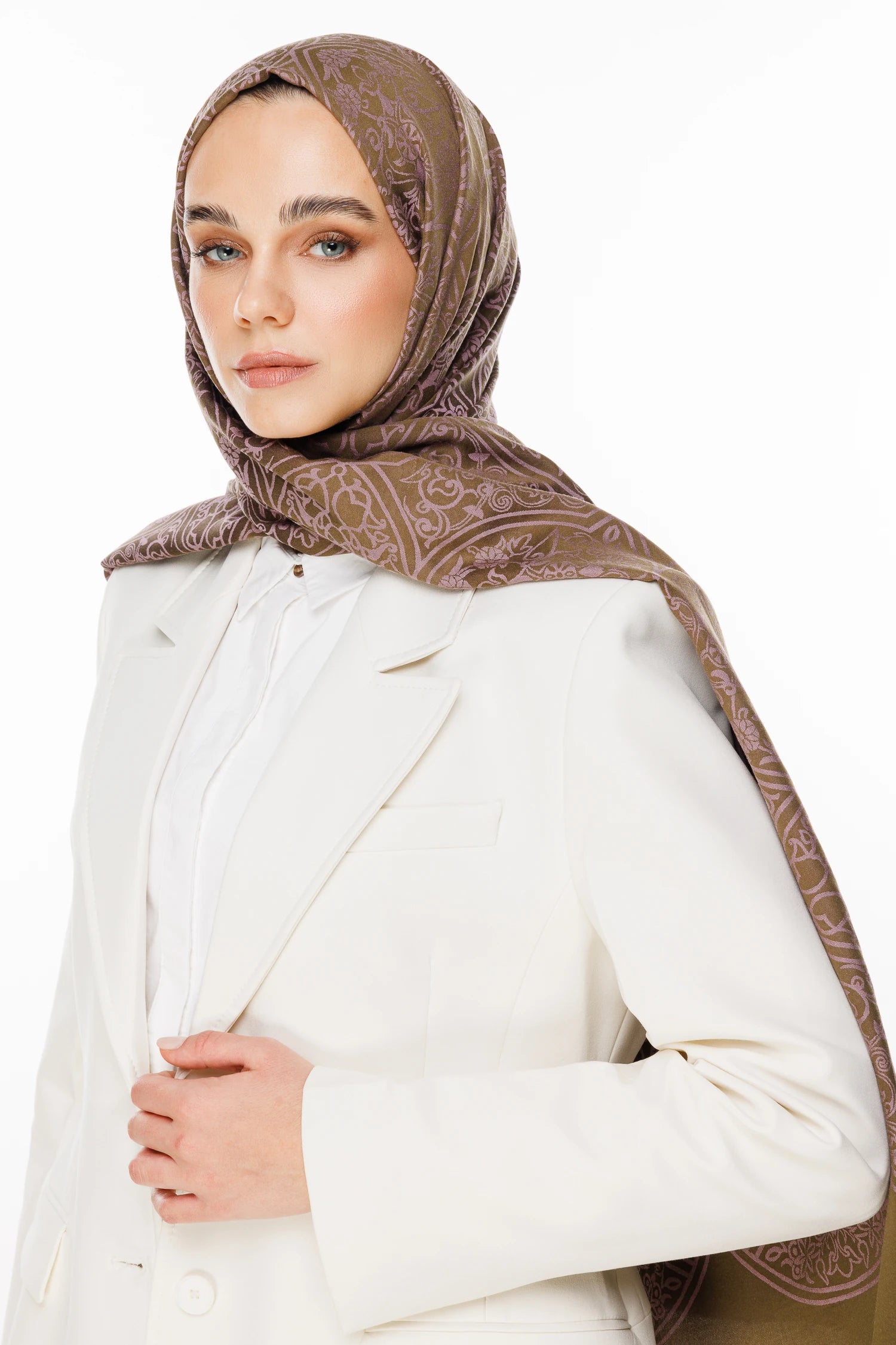 Morocco Pattern Double-Sided Scarf - Dark Khaki - Dark Rose