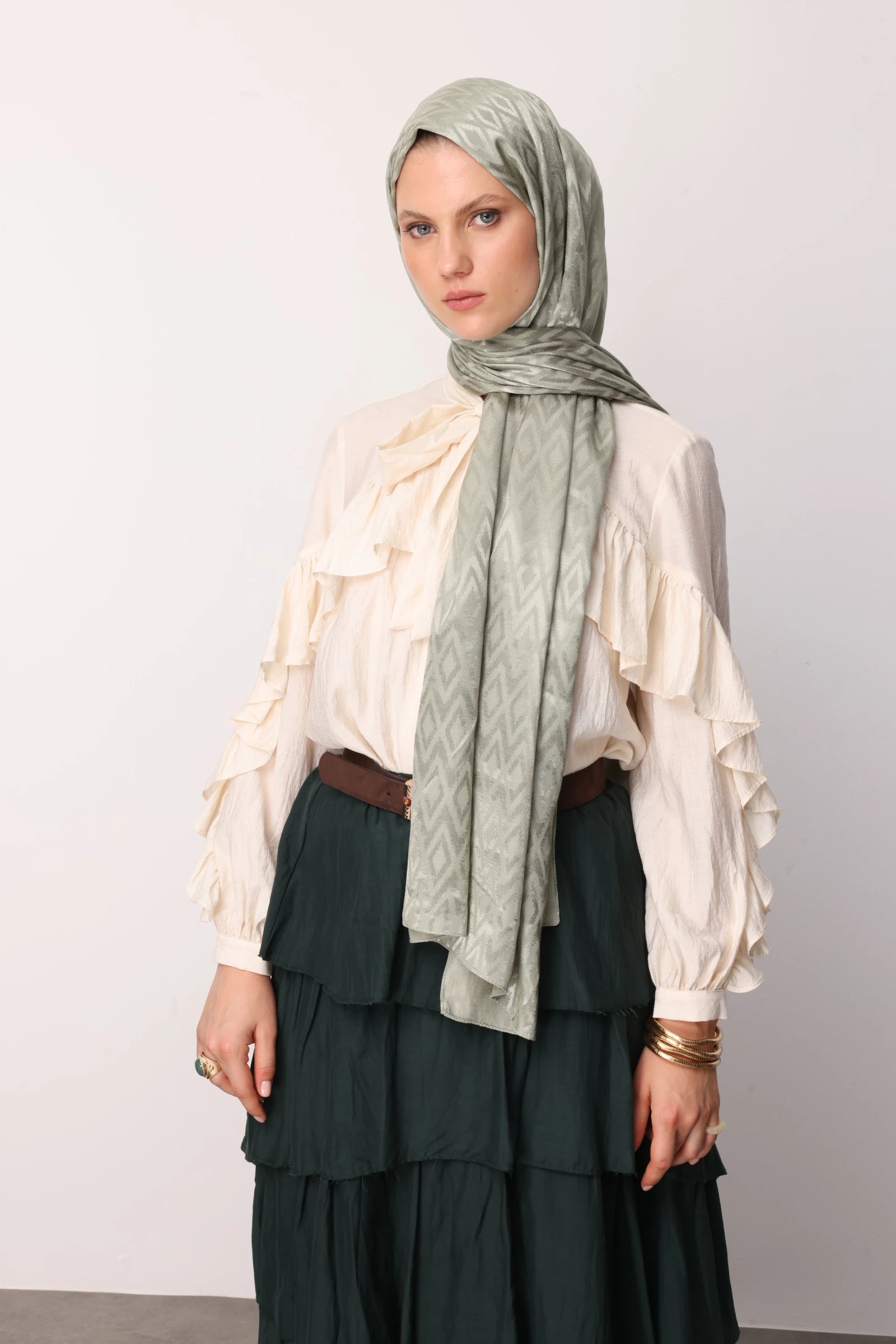 Tile Pattern Shiny Jacquard Shawl - Sage