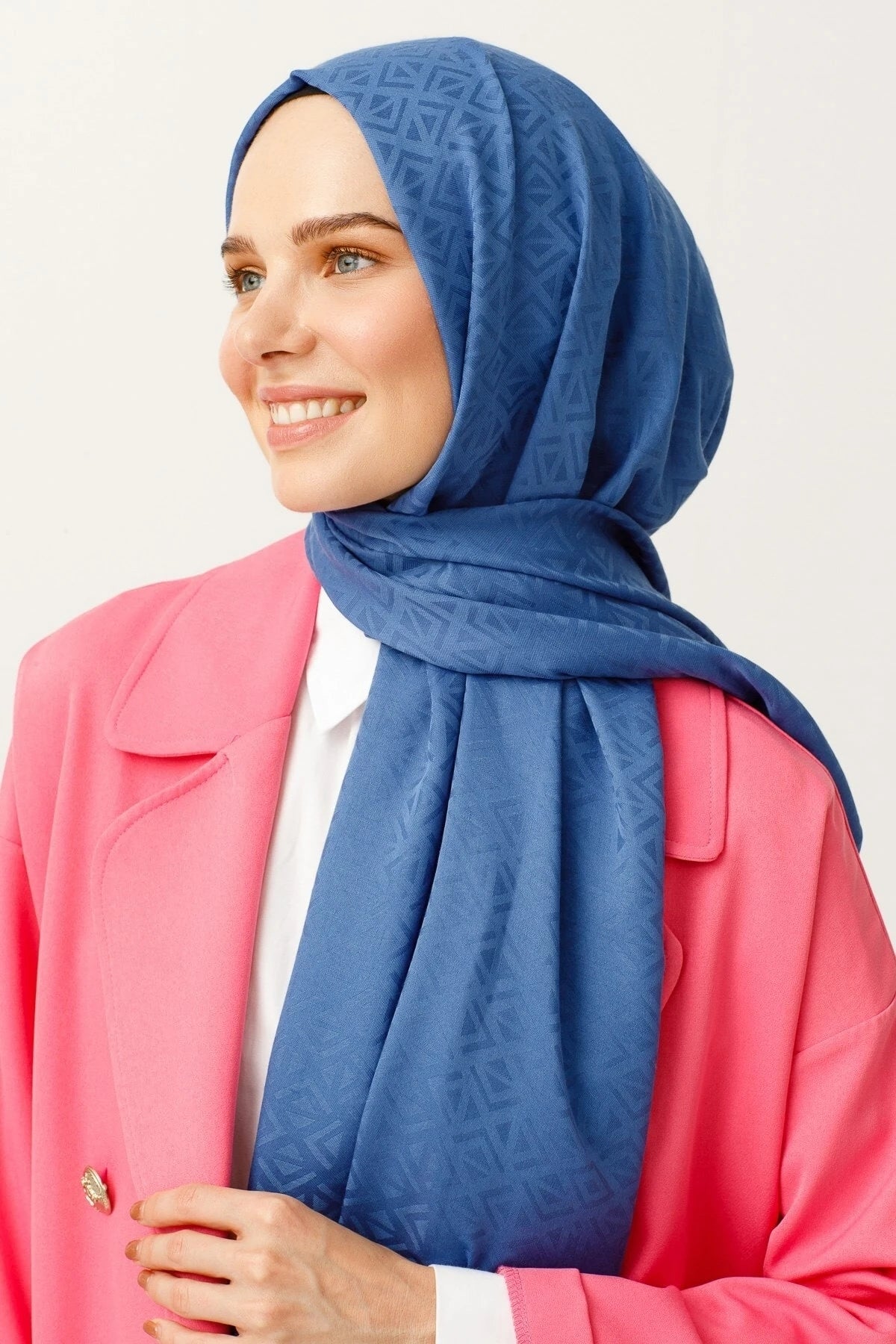 Triangle Pattern Cotton Jacquard Scarf - Blue