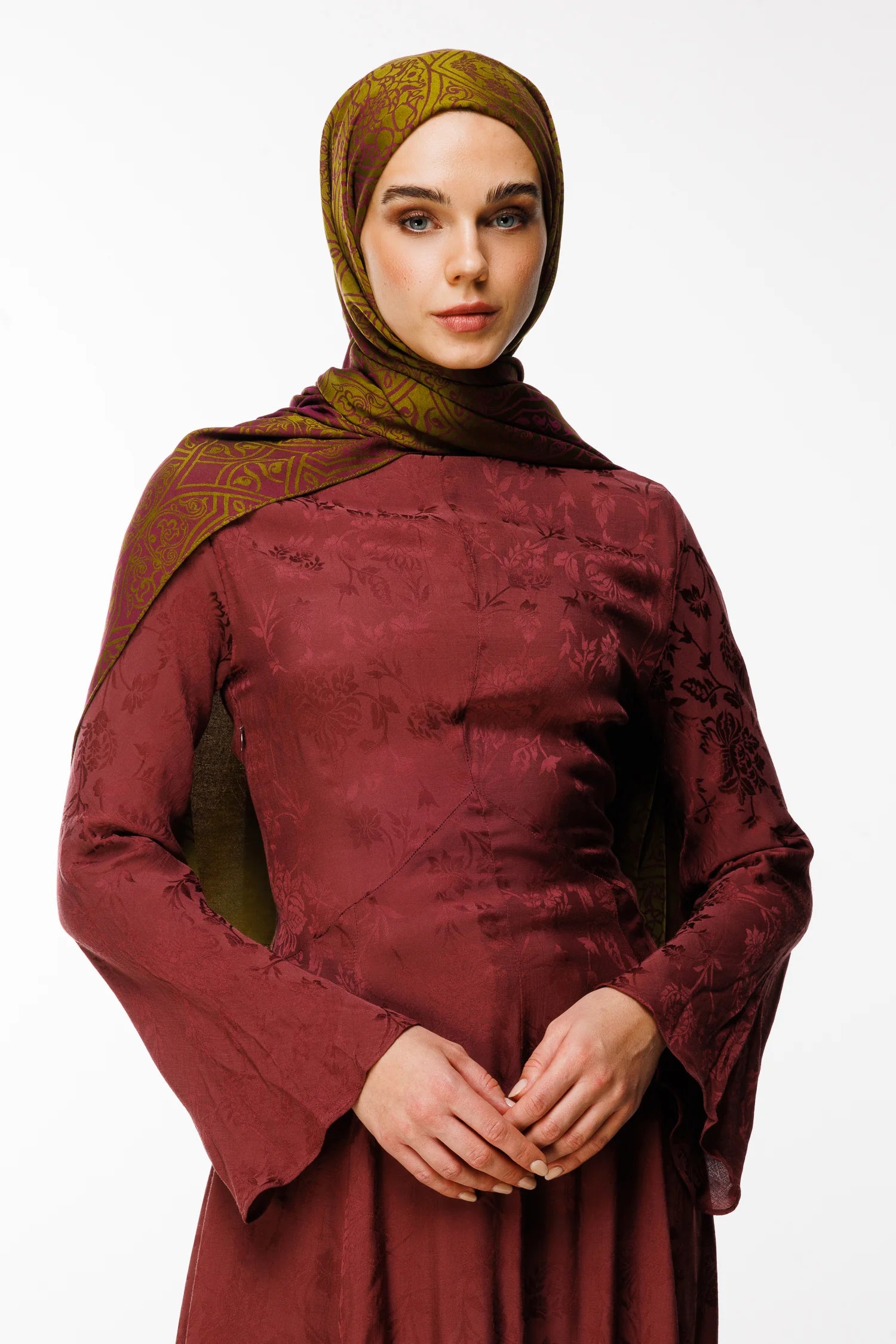 Morocco Pattern Double-Sided Scarf - Olive Green-Plum