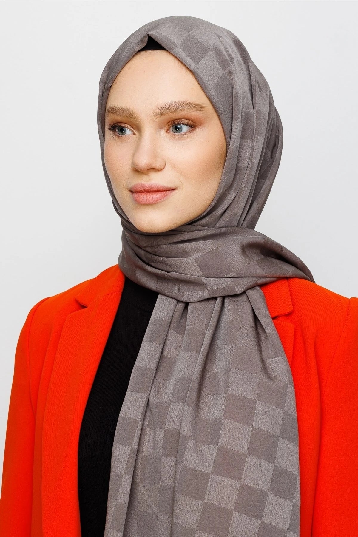 Checkerboard Pattern Silky Jacquard Shawl - Anthracite