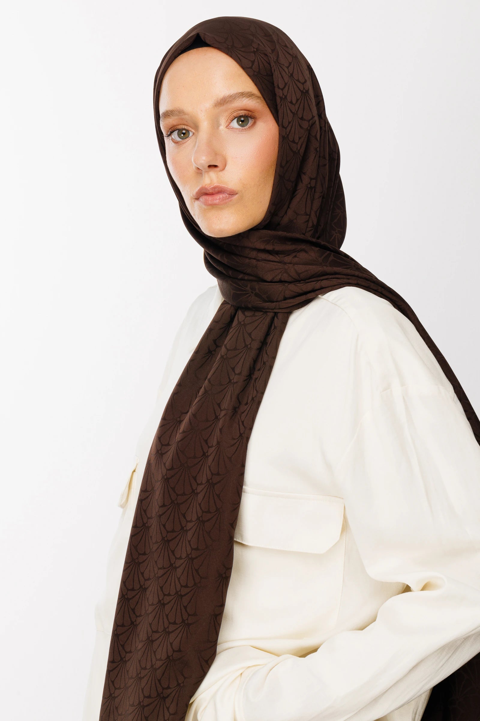 Lotus Pattern Silky Jacquard Scarf - Bitter Coffee