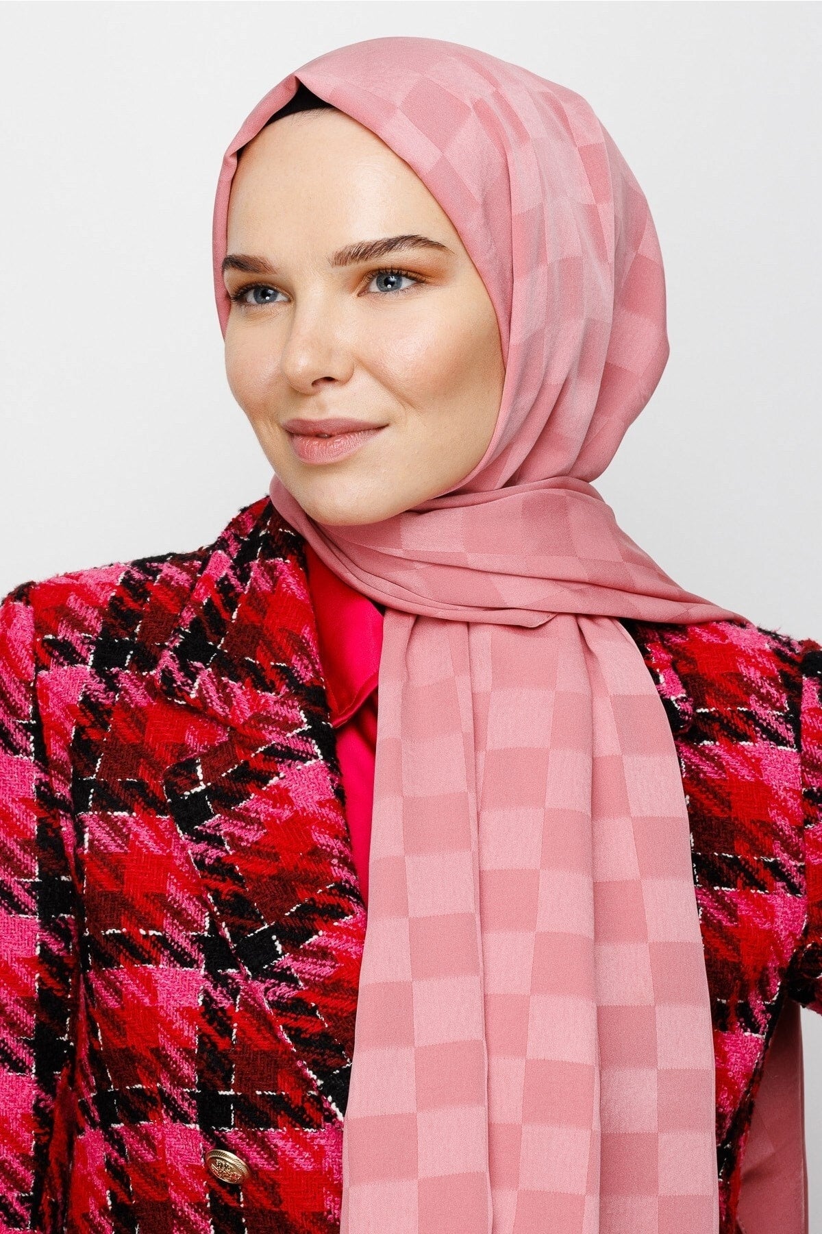 Checkerboard Pattern Silky Jacquard Shawl - Pink