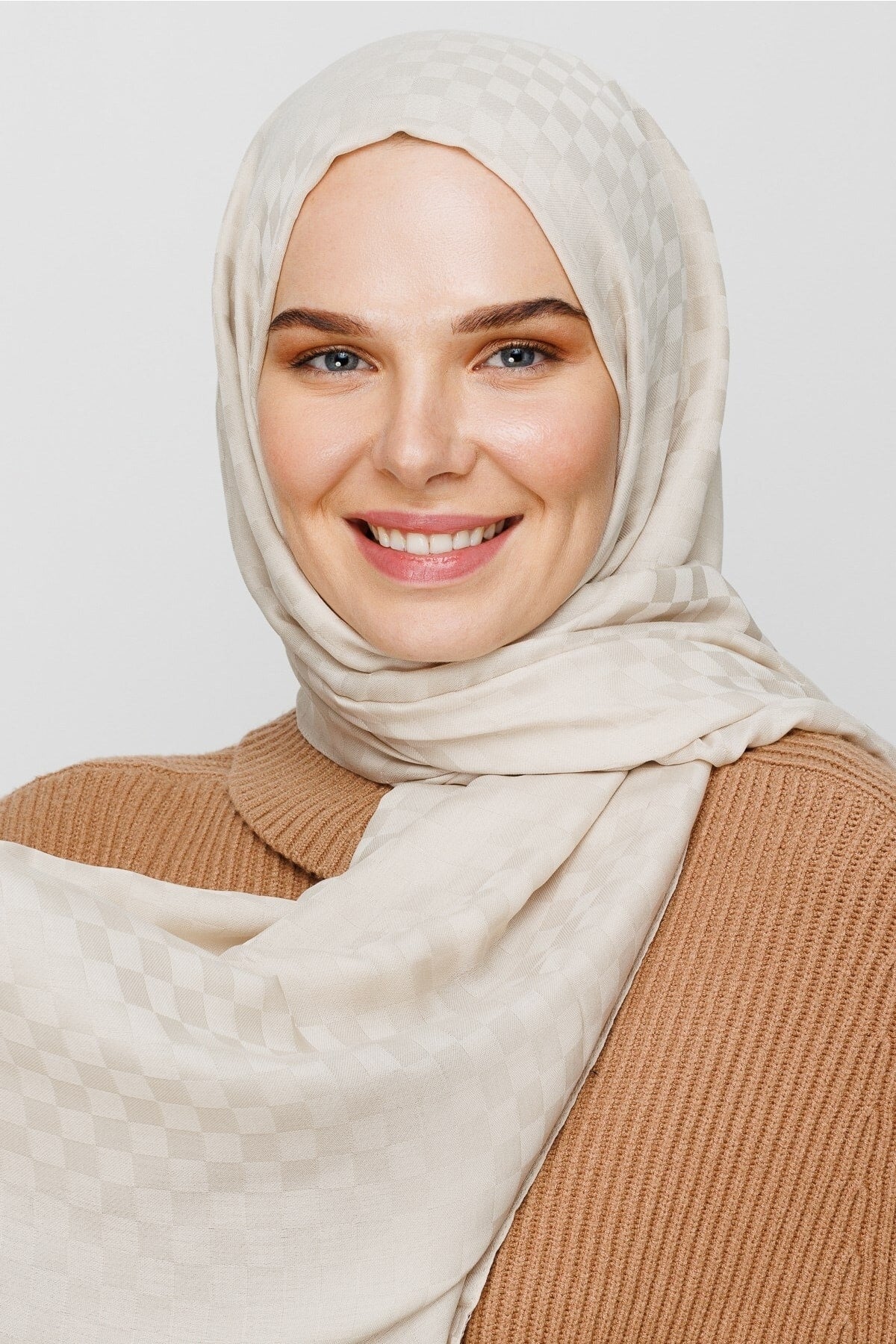 Square Pattern Cotton Jacquard Scarf - Stone Color