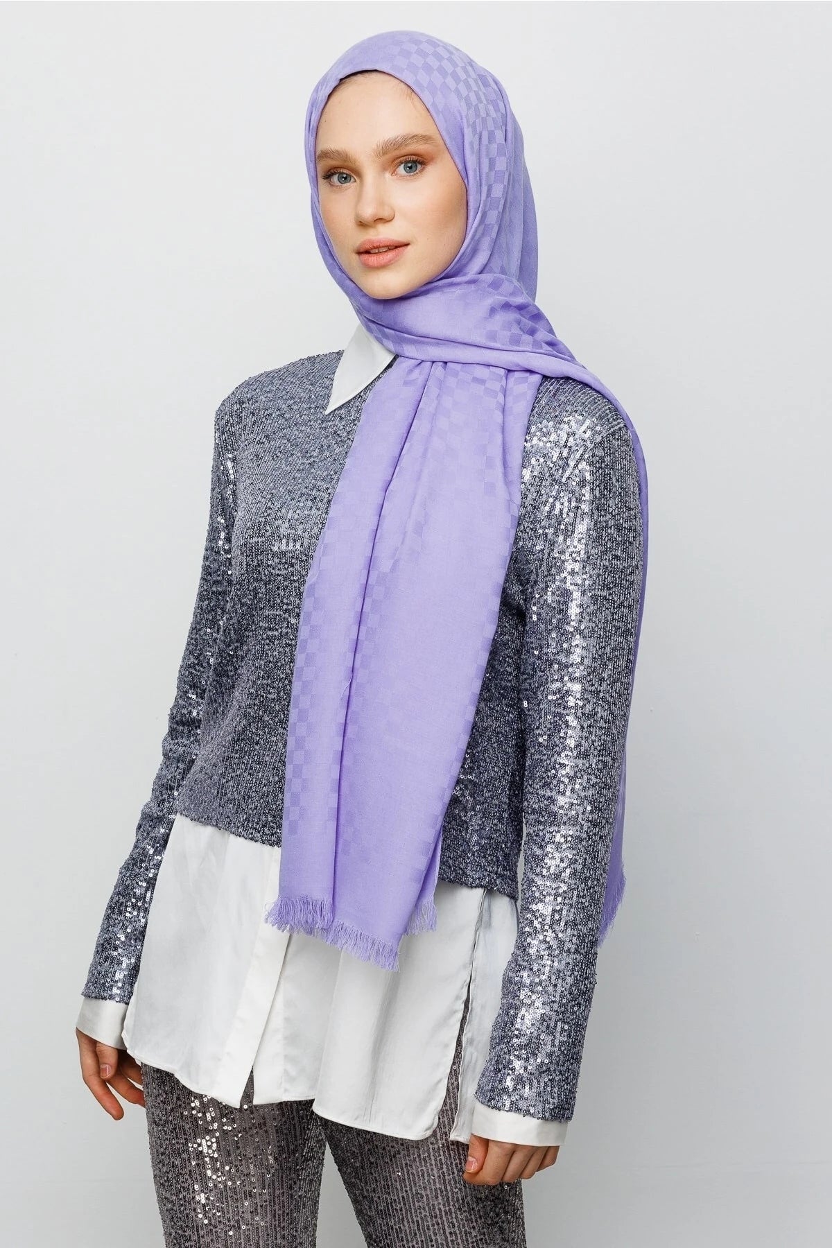 Square Pattern Cotton Jacquard Scarf - Lilac