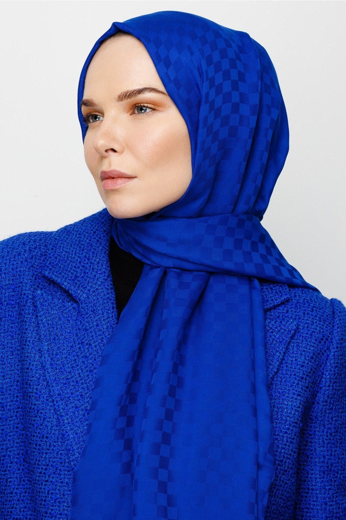 Square Pattern Cotton Jacquard Scarf - Saks Blue