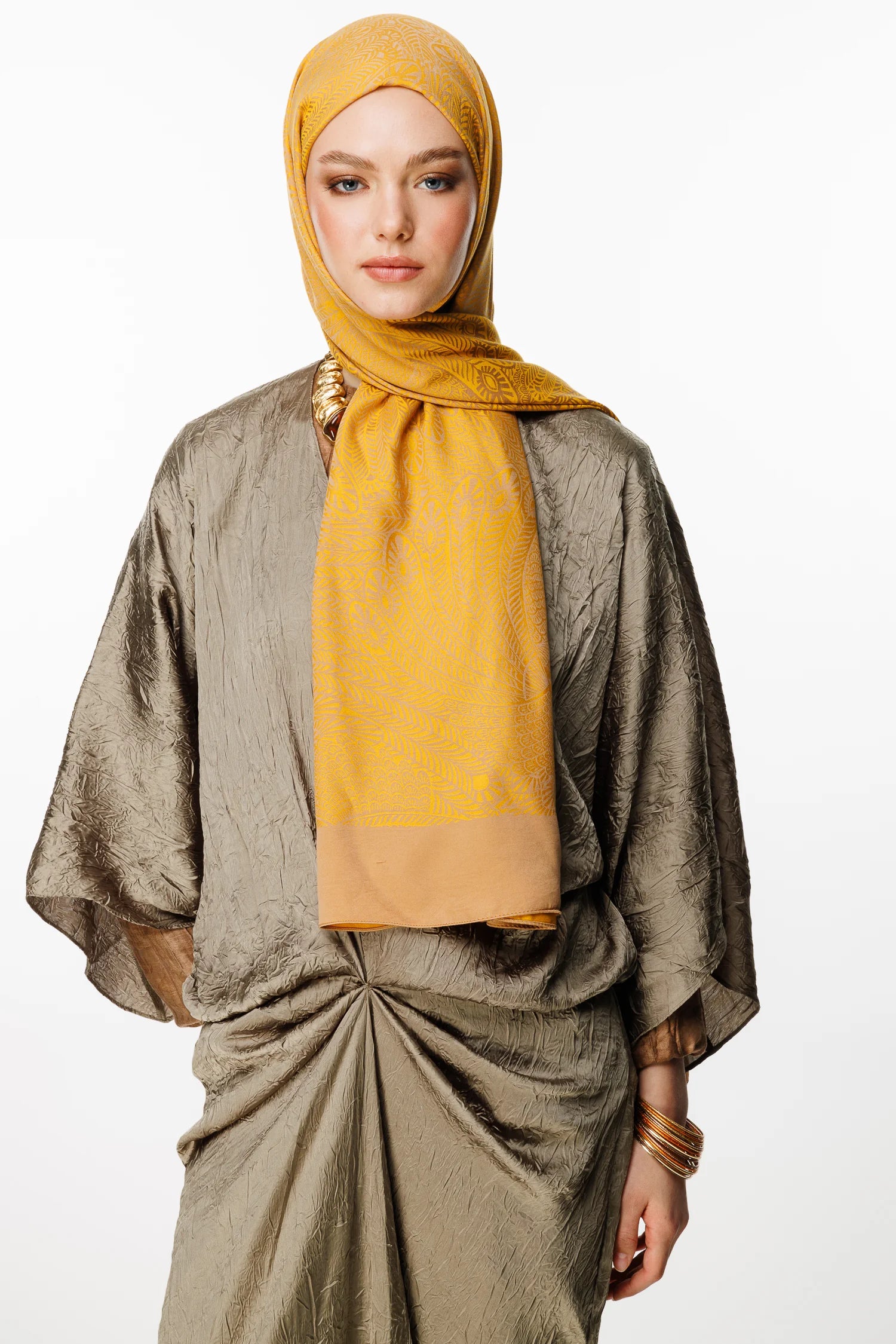 Mayra Pattern Double-Sided Scarf - Mink-Mustard