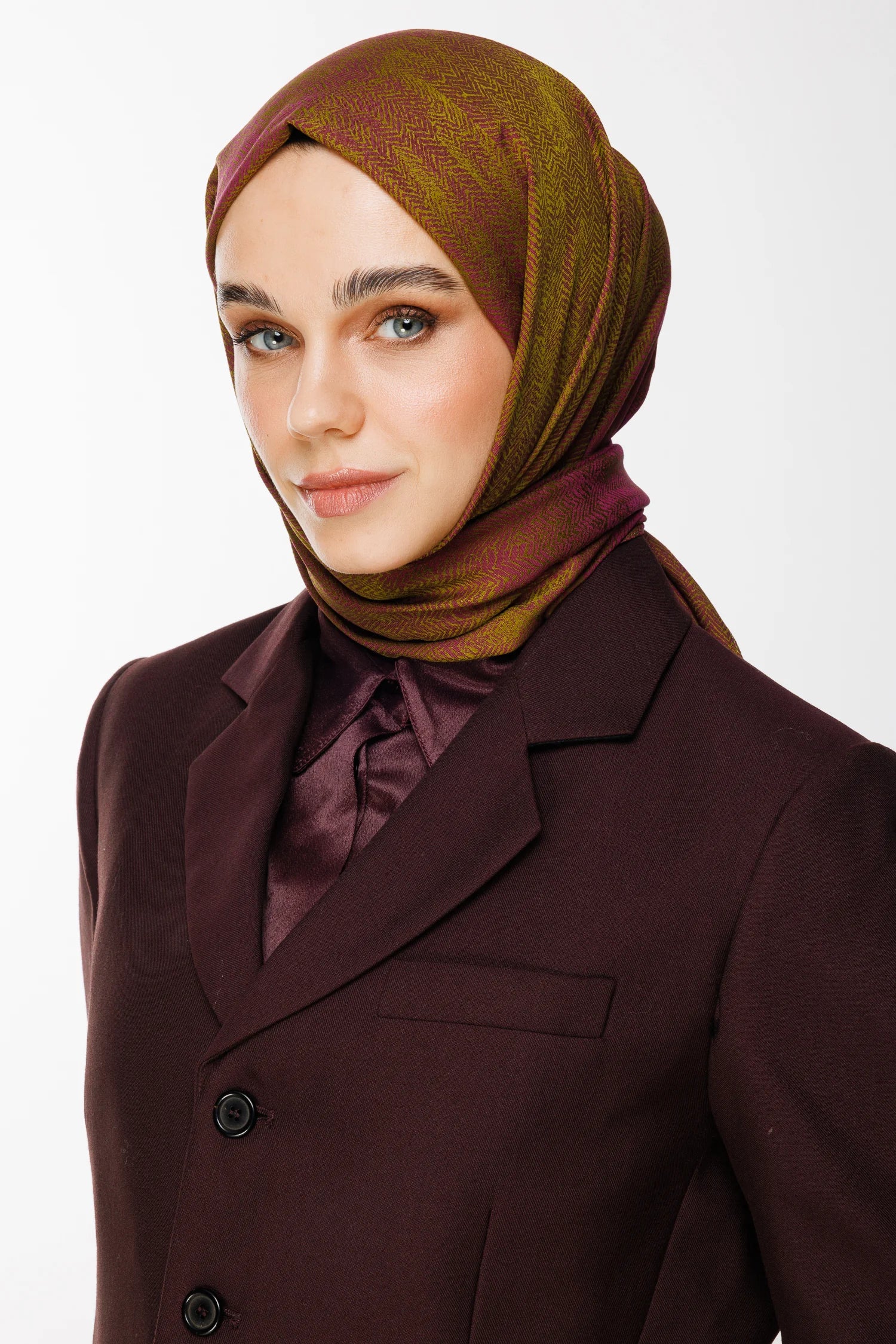 Sahara Pattern Double-Sided Shawl - Olive Green-Plum