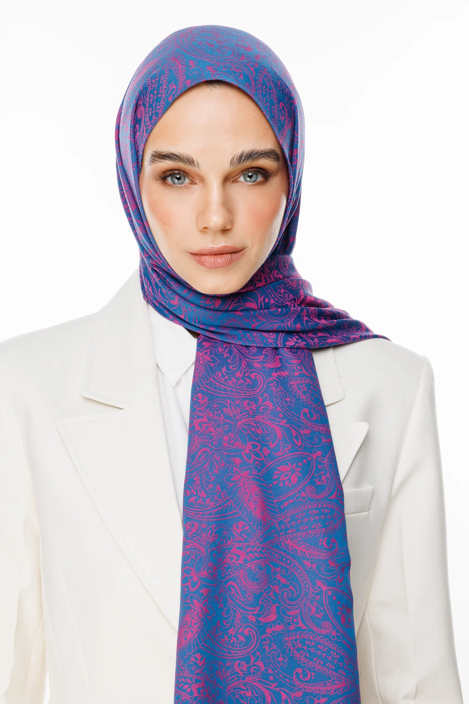 Velora Pattern Double-Sided Scarf - Petrol Blue-Fuchsia