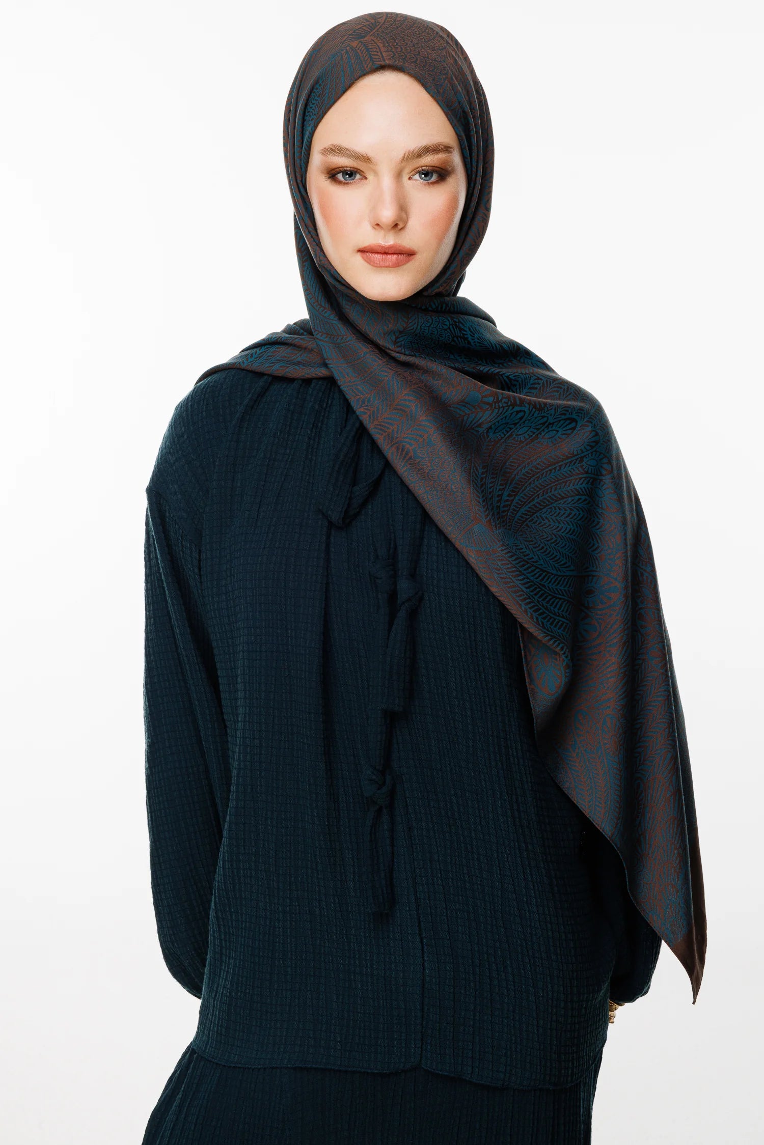 Mayra Pattern Double-Sided Scarf - Bitter Coffee-Petrol Blue